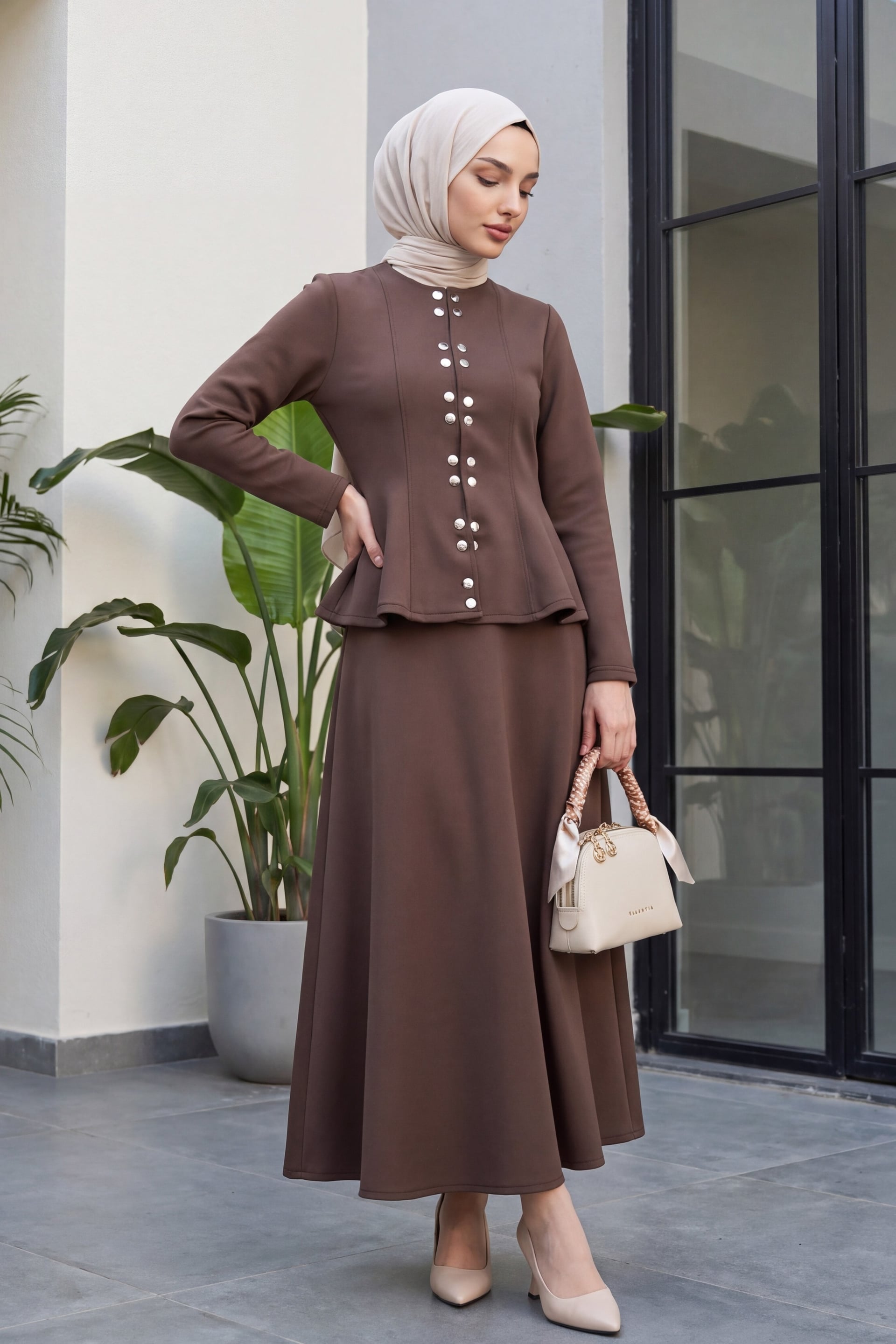 Double Snap Front Peplum Jacket and Flounce Waist Maxi Skirt Set in Dark Brown - Podyumplus - by Peralane - photo 4