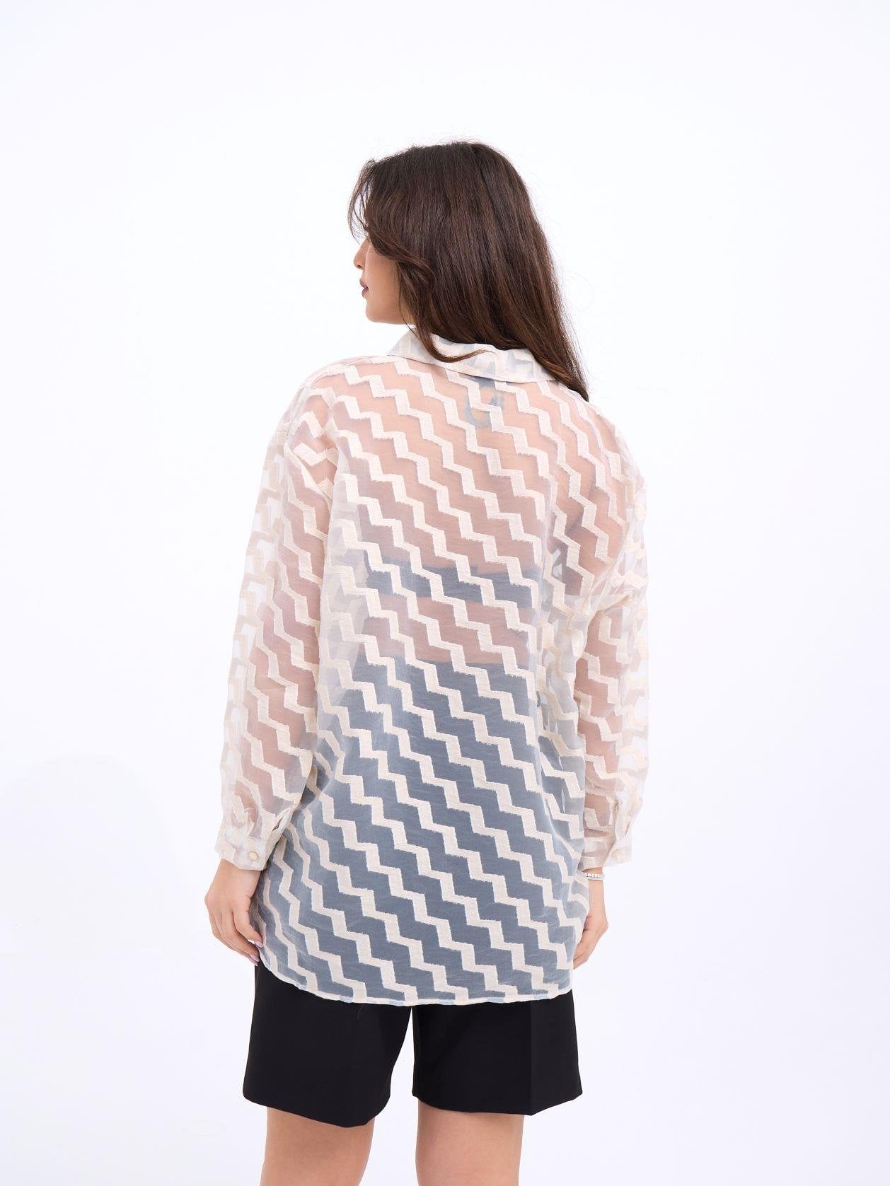 Cream Sheer Long-Sleeve Blouse with Zigzag Pattern - Fame - by Peralane - photo 4