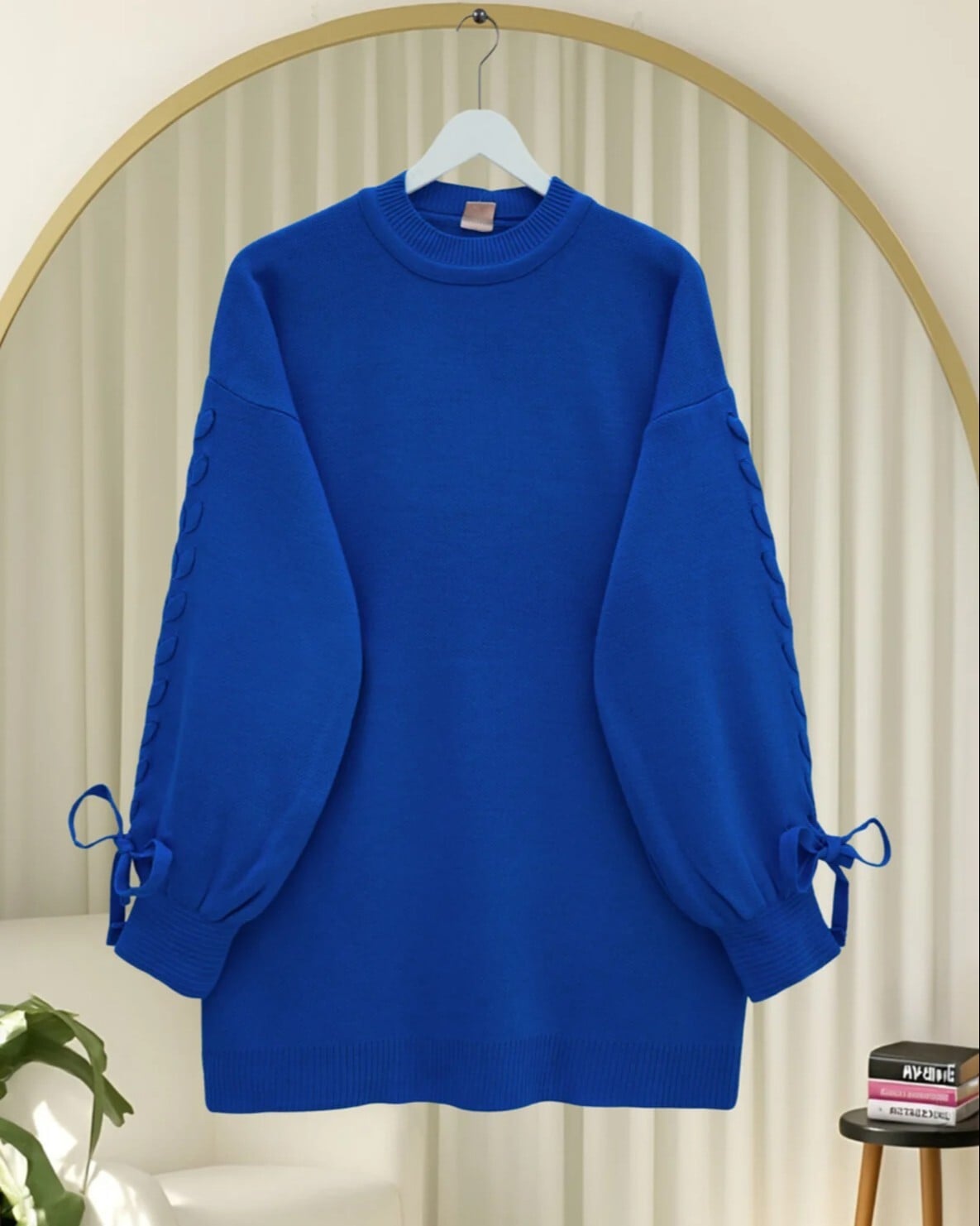 Round Neck Knit Sweater with Knitted Sleeve Detail - Royal Blue - Podyumplus - by Peralane