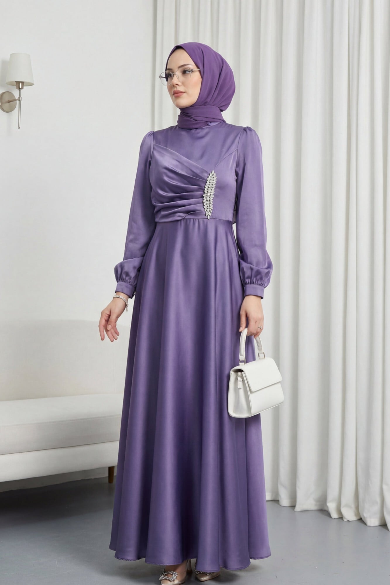 Ruched Satin Evening Dress with Stone Detail - Lilac - Podyumplus - by Peralane - photo 2