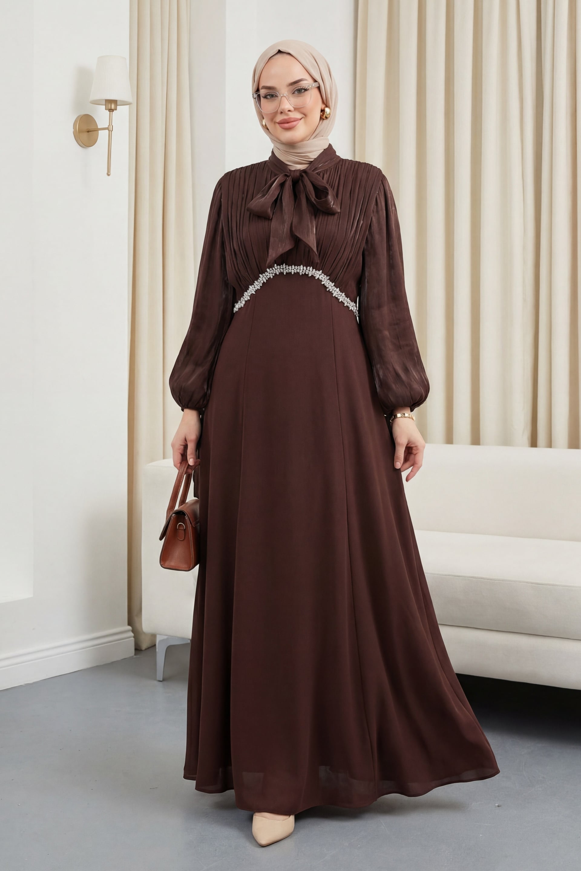 Brown Lace-Up Neck and Sleeves Pleated Satin Skirt Crepe Dress - Podyumplus - by Peralane - photo 3