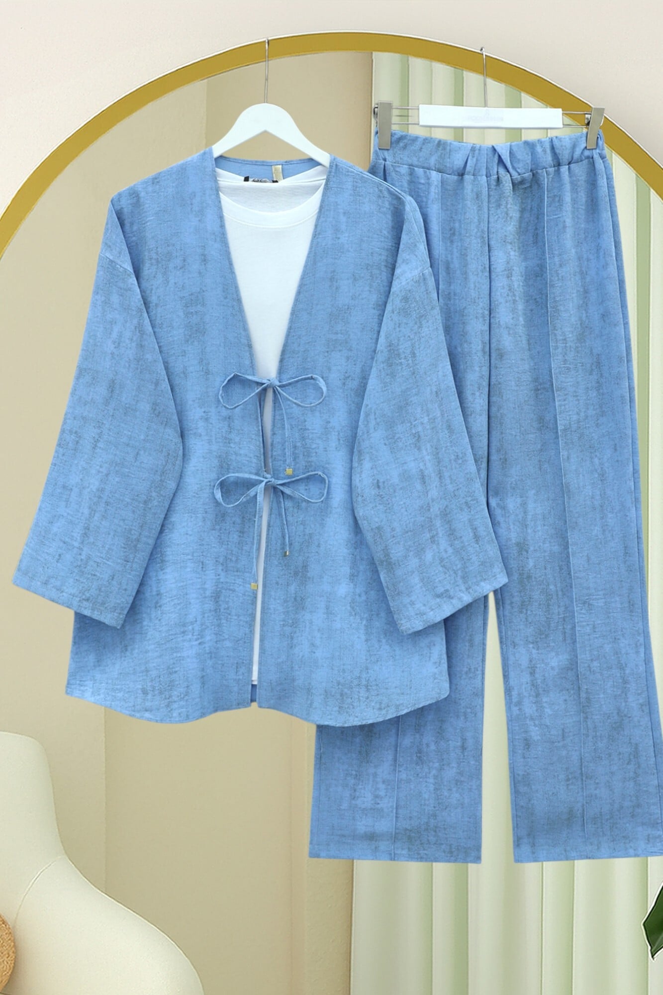 Front Tie Linen Look Kimono Set with Trousers - Blue - Podyumplus - by Peralane - photo 3