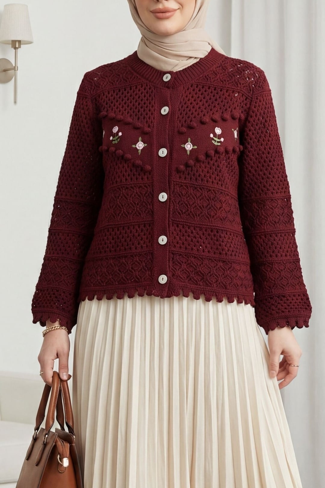 Maroon Floral Embroidered Button Knit Cardigan - Podyumplus - by Peralane
