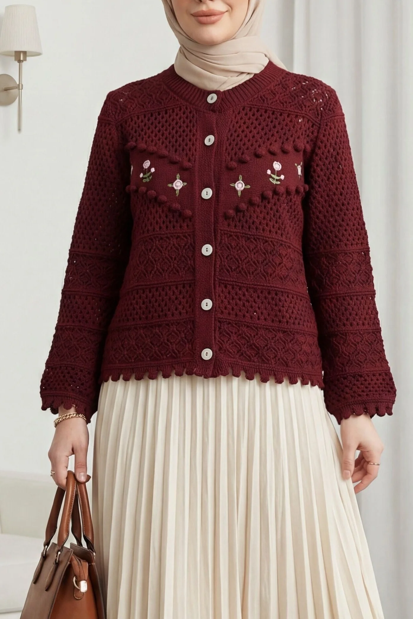 Maroon Floral Embroidered Button Knit Cardigan - Podyumplus - by Peralane