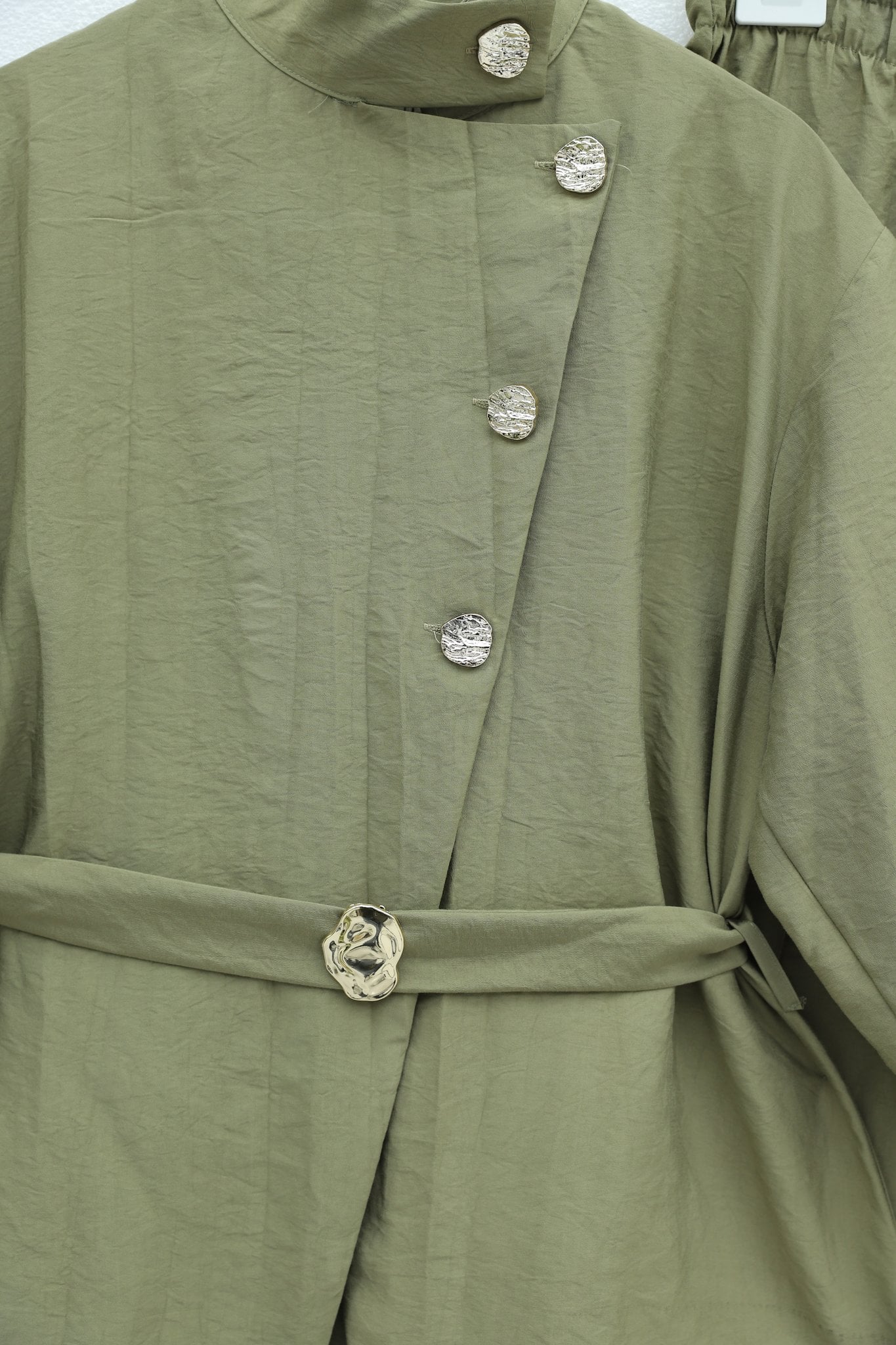 Gold Button Belted Frill Detail Cupra Two-Piece Set - Olive Green - Podyumplus - by Peralane - photo 4