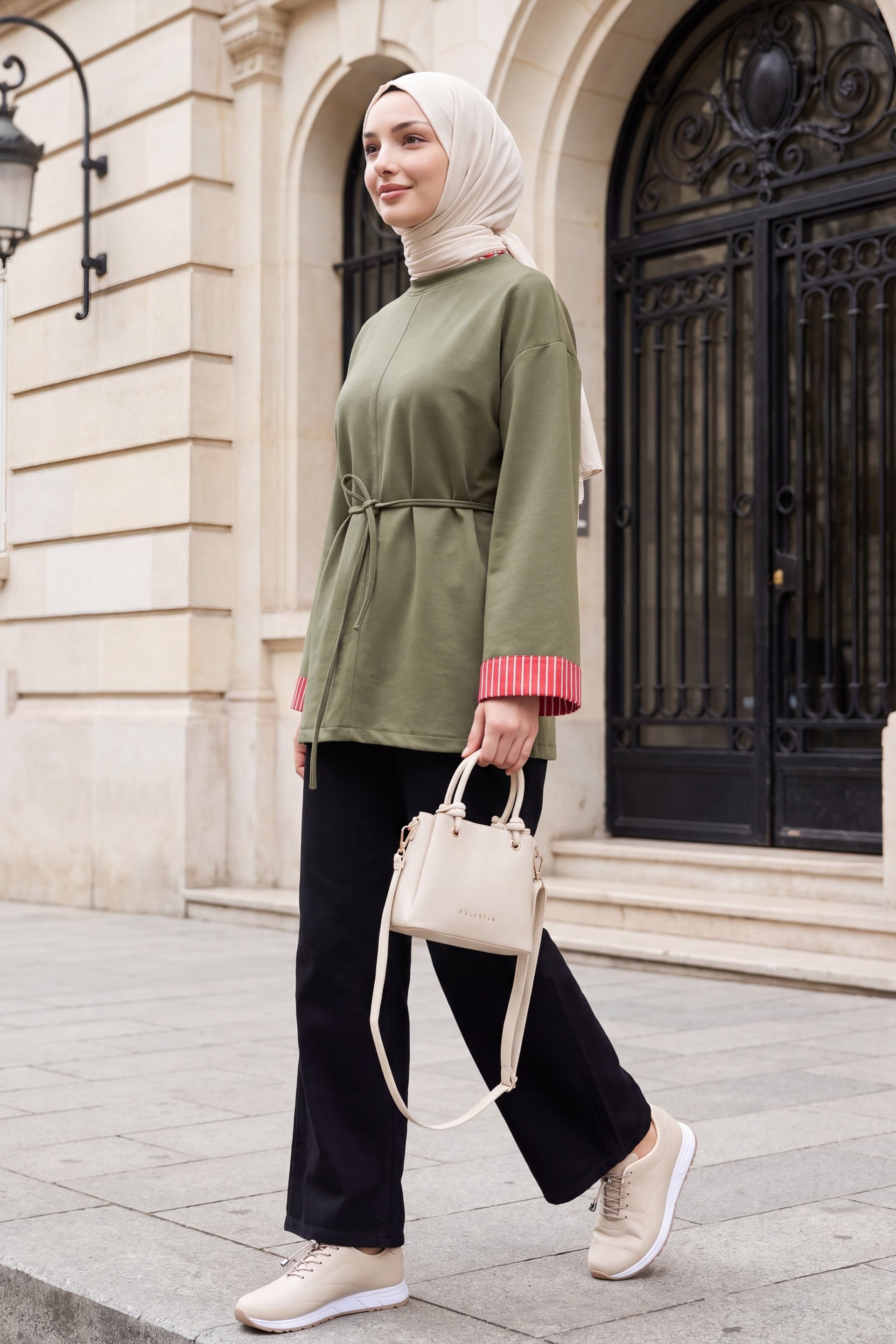 Olive Green Knit Tunic with Tie Belt and Striped Cuffs - Podyumplus - by Peralane - photo 4