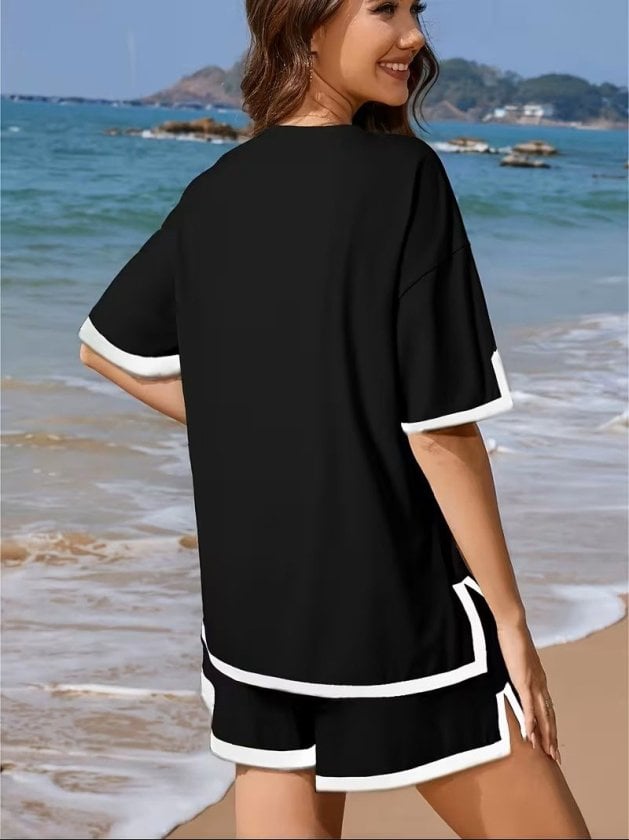 Women's Short Sleeve Crew Neck Striped Trim Viscose Two-Thread Blouse and Shorts Two-Piece Set - Janes - by Peralane - photo 3