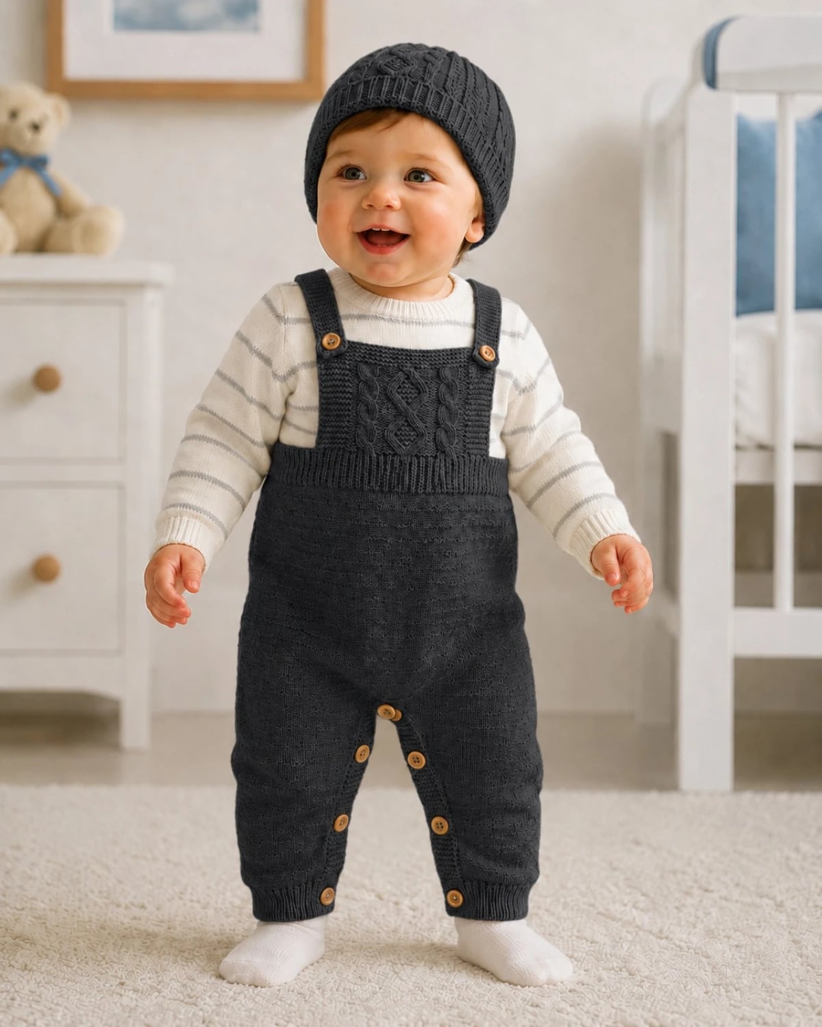 Knitted Baby Romper Set with Hat - Dark Grey and Cream - Has Bereket - by Peralane