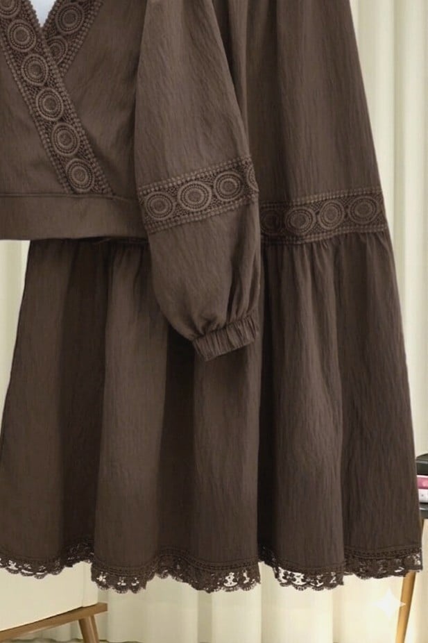 Lace Detail Wrap Top and Tiered Skirt Co-ord Set in Dark Brown - Podyumplus - by Peralane - photo 9