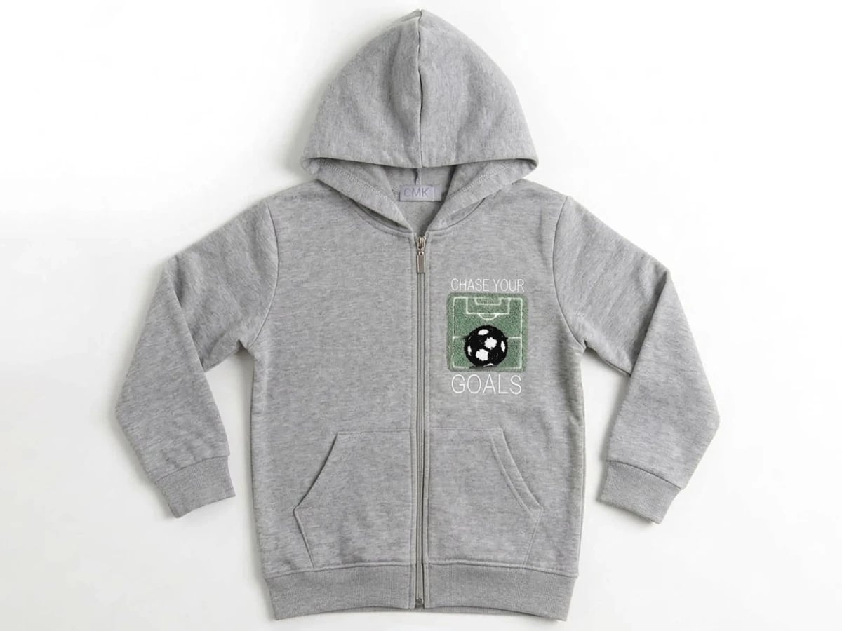 Grey Zip-Up Hoodie with Soccer Field Print for Boys - CMK - by Peralane