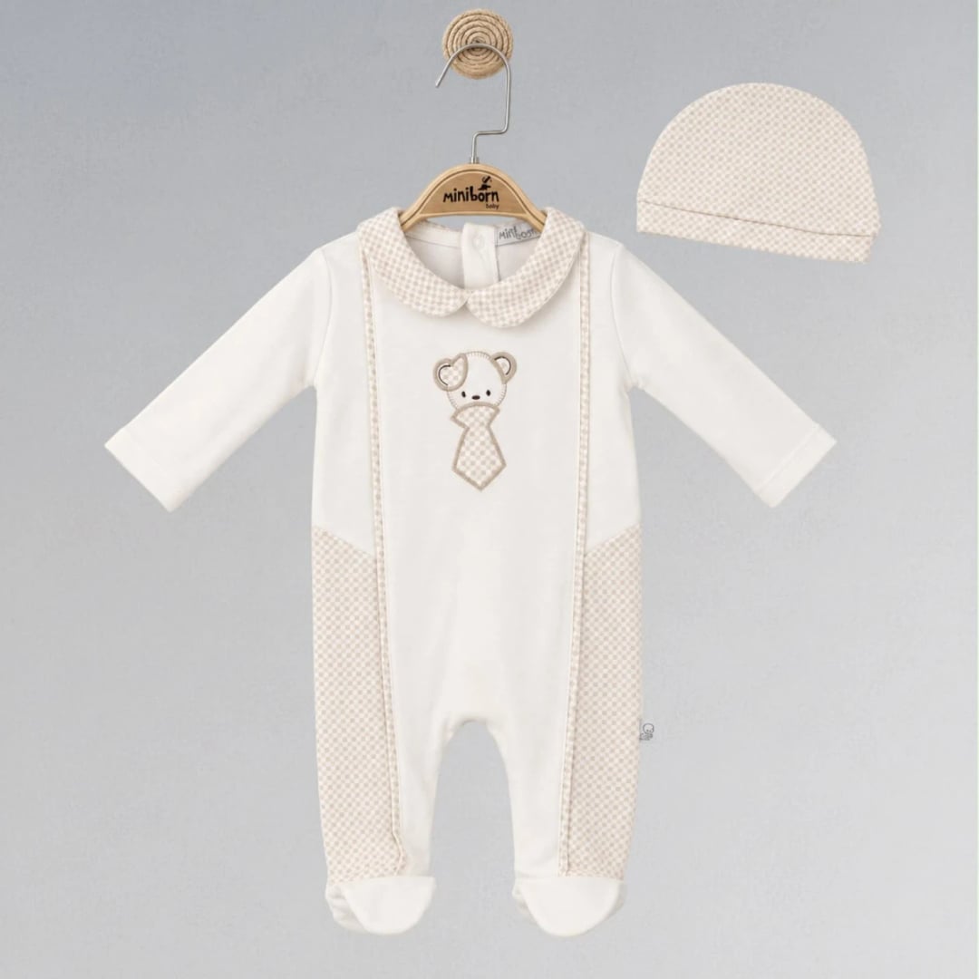 Baby Romper and Hat Set with Teddy Bear Embroidery - Miniborn - by Peralane