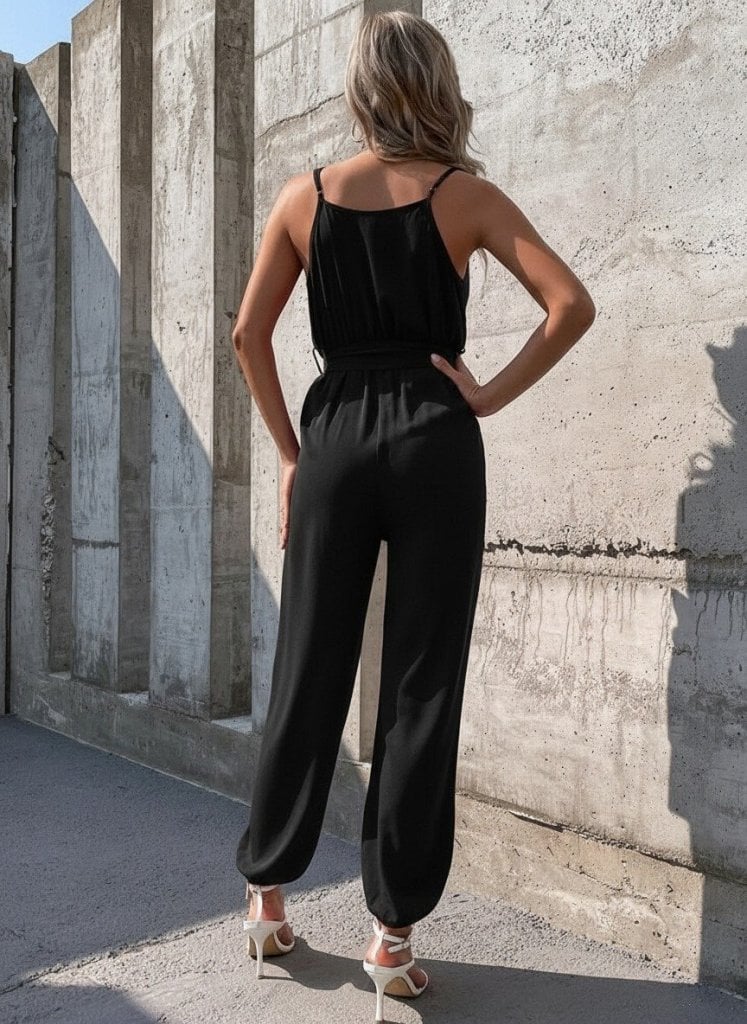 Women's Sleeveless Wrap Jumpsuit with Belt - Black - Janes - by Peralane - photo 2