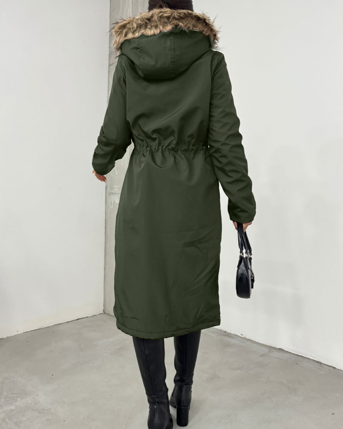 Women's Hooded Long Coat with Faux Fur Trim - Khaki - Podyumplus - by Peralane - photo 7