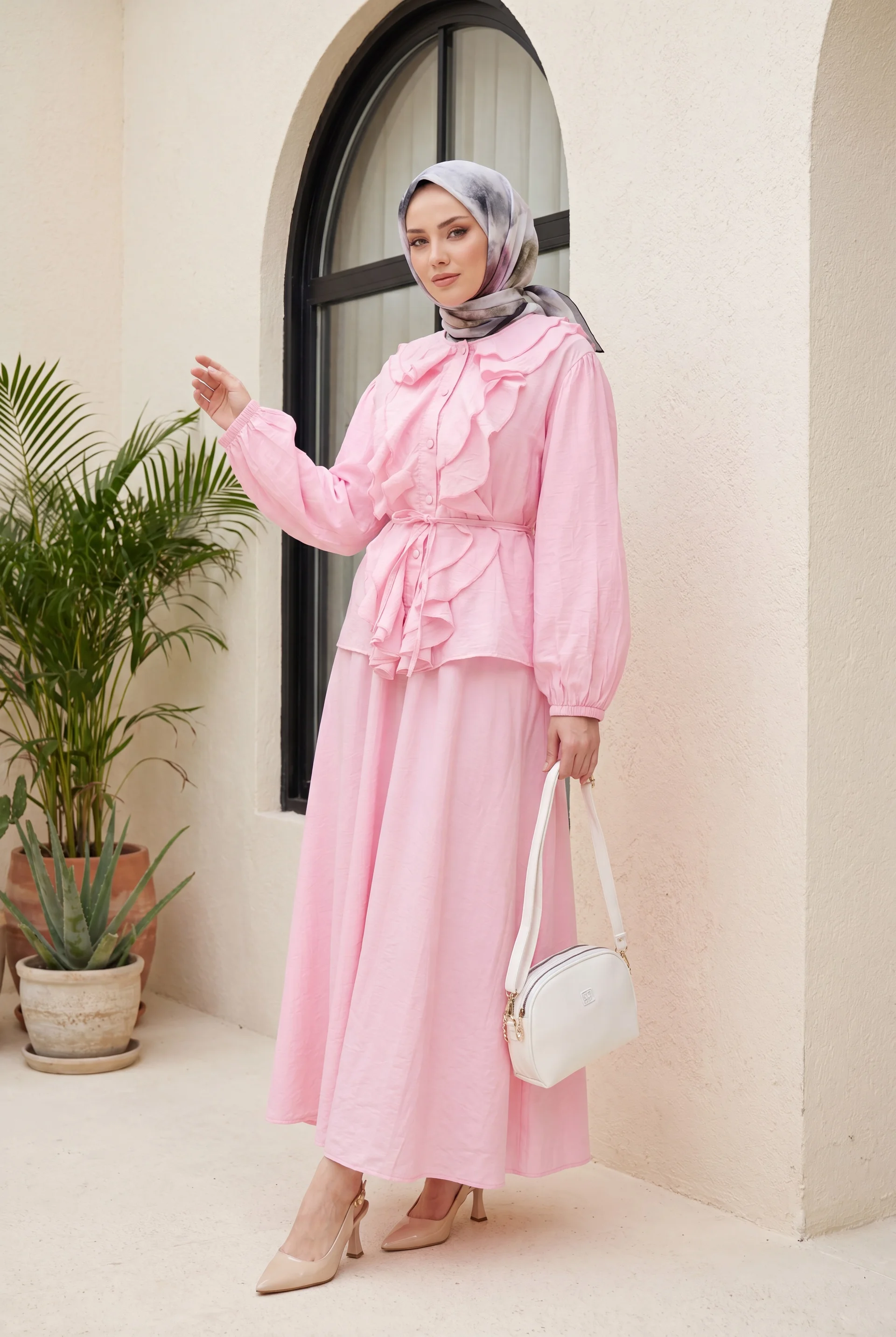 Women's Pink Ruffled Front Tie Waist Skirt Set with Blouse - Podyumplus - by Peralane