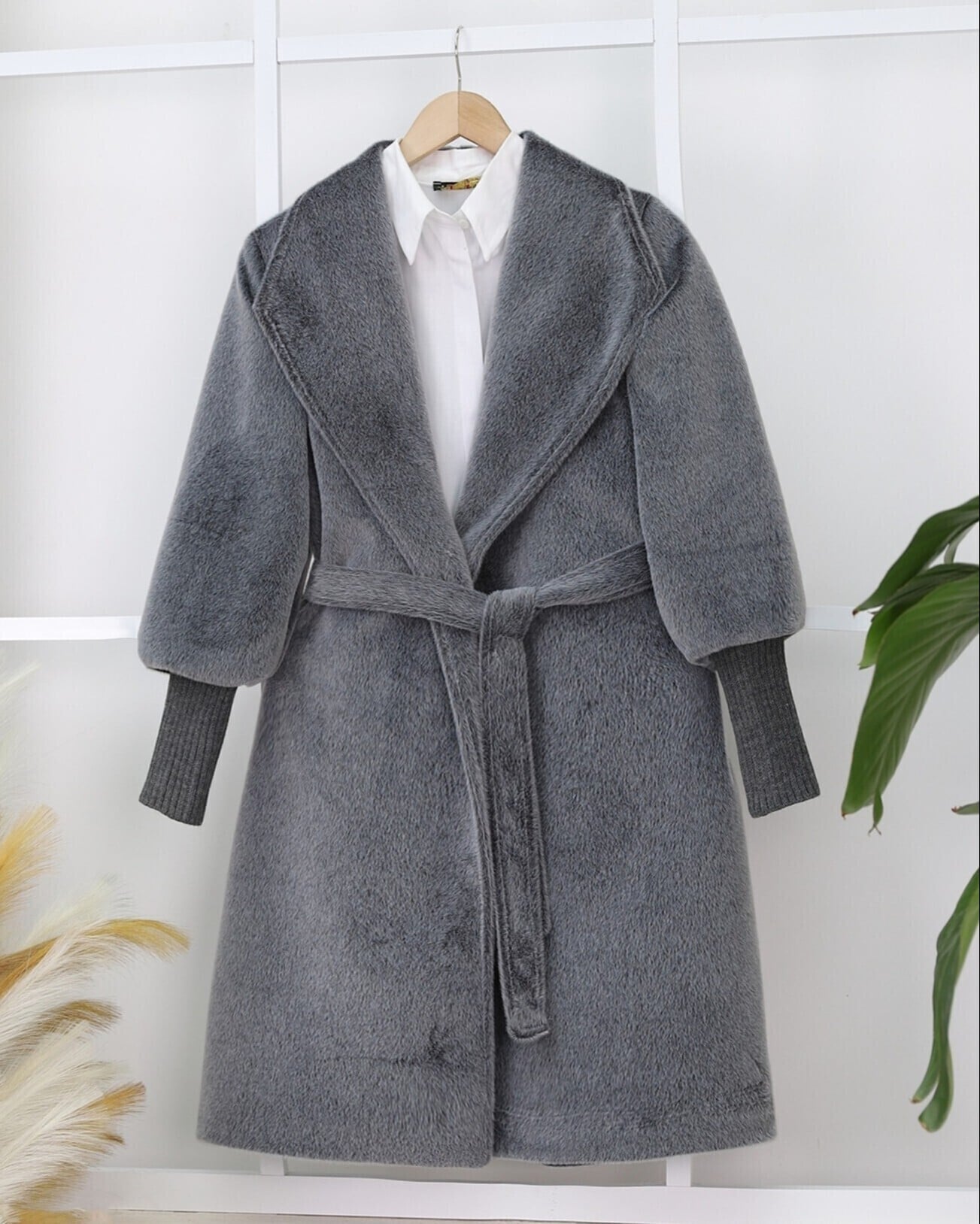 Shawl Collar Lined Faux Wool Coat with Ribbed Cuffs - Smoke Grey - Podyumplus - by Peralane - photo 4