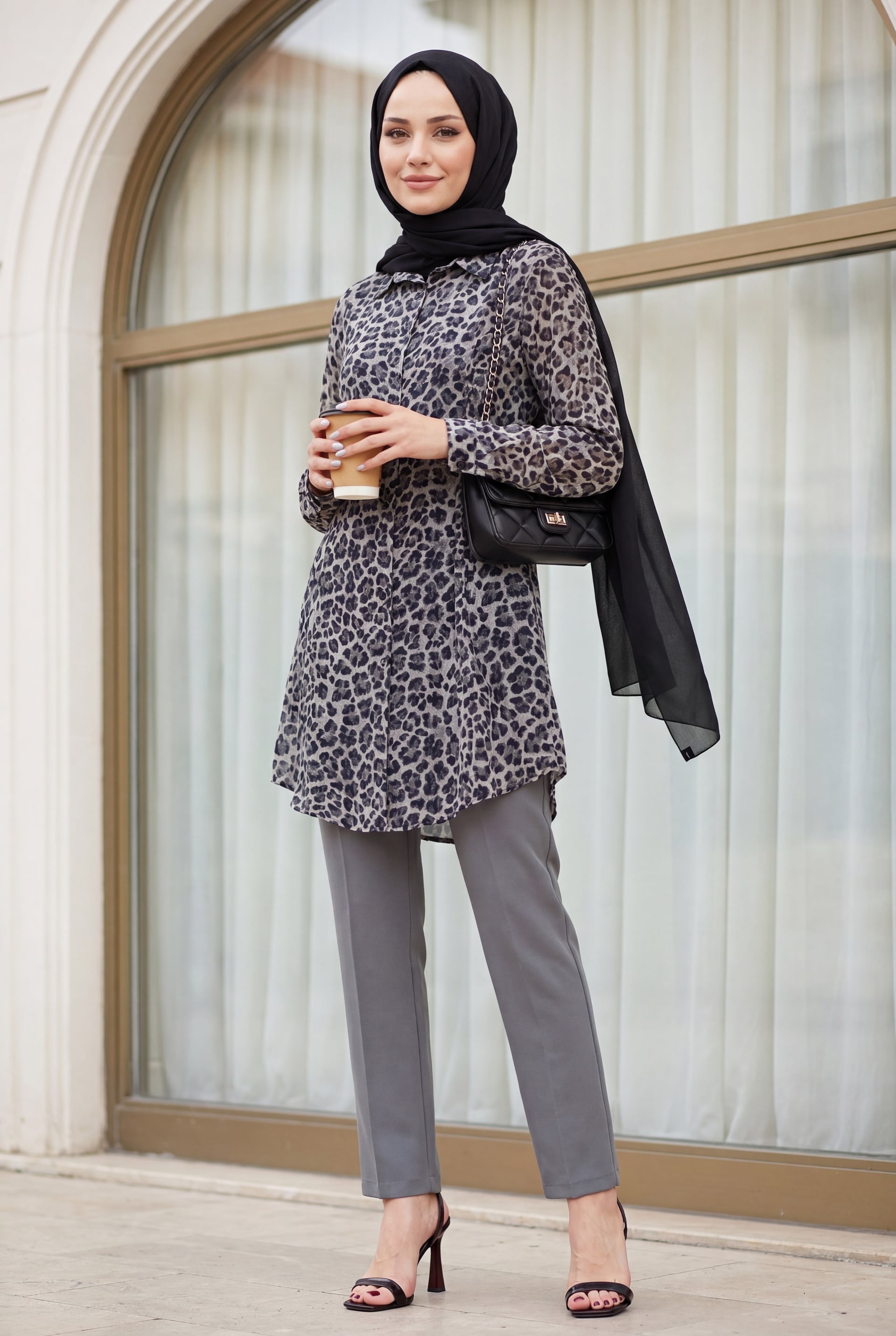 Leopard Print Buttoned Oval Cut Tunic - Grey - Podyumplus - by Peralane - photo 6