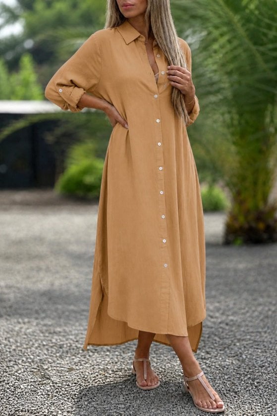 Women's Long-Sleeved Collared Button-Front Relaxed Fit Dress - Janes - by Peralane