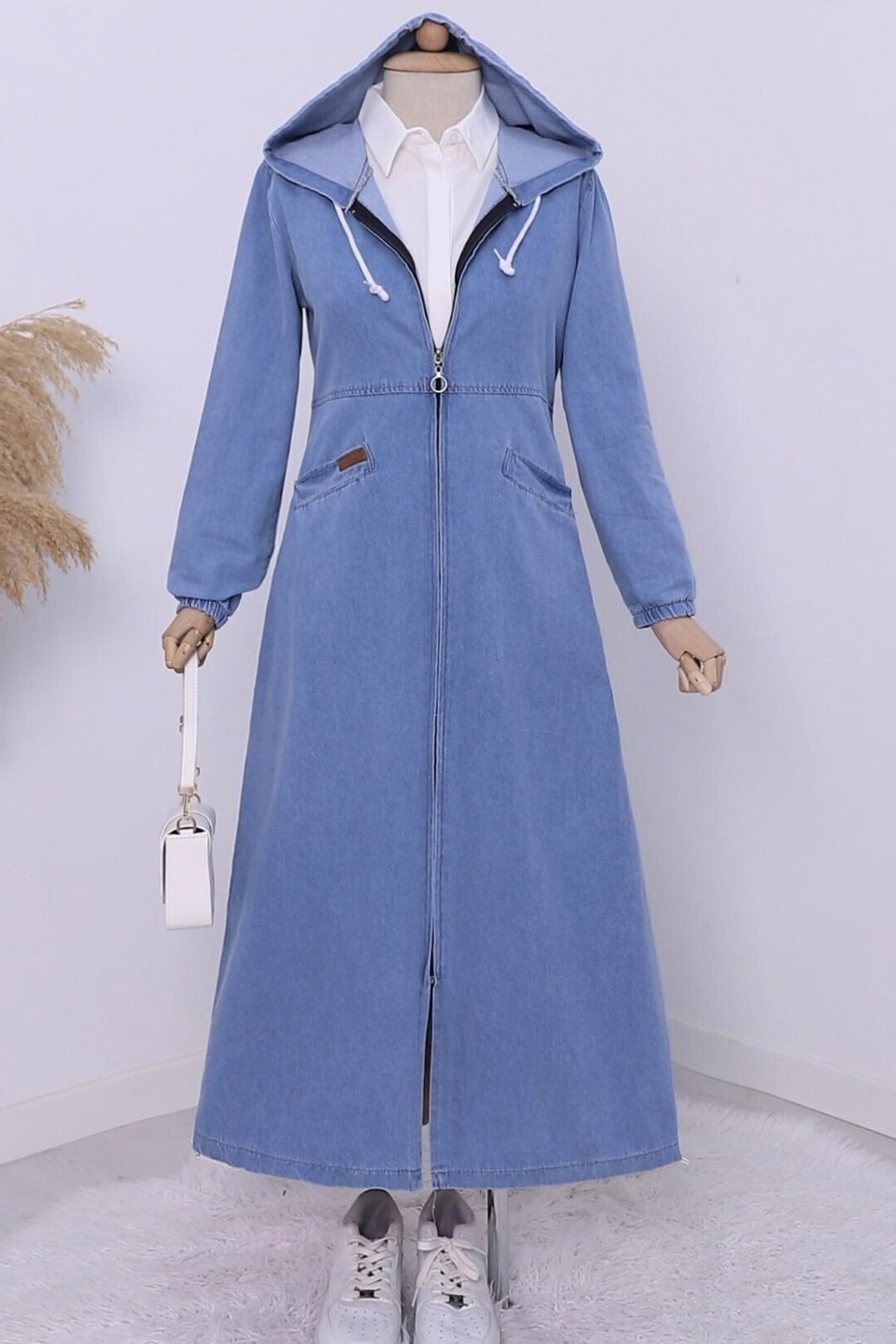 Hooded Denim Jacket with Side Pockets - Blue - Podyumplus - by Peralane - photo 5