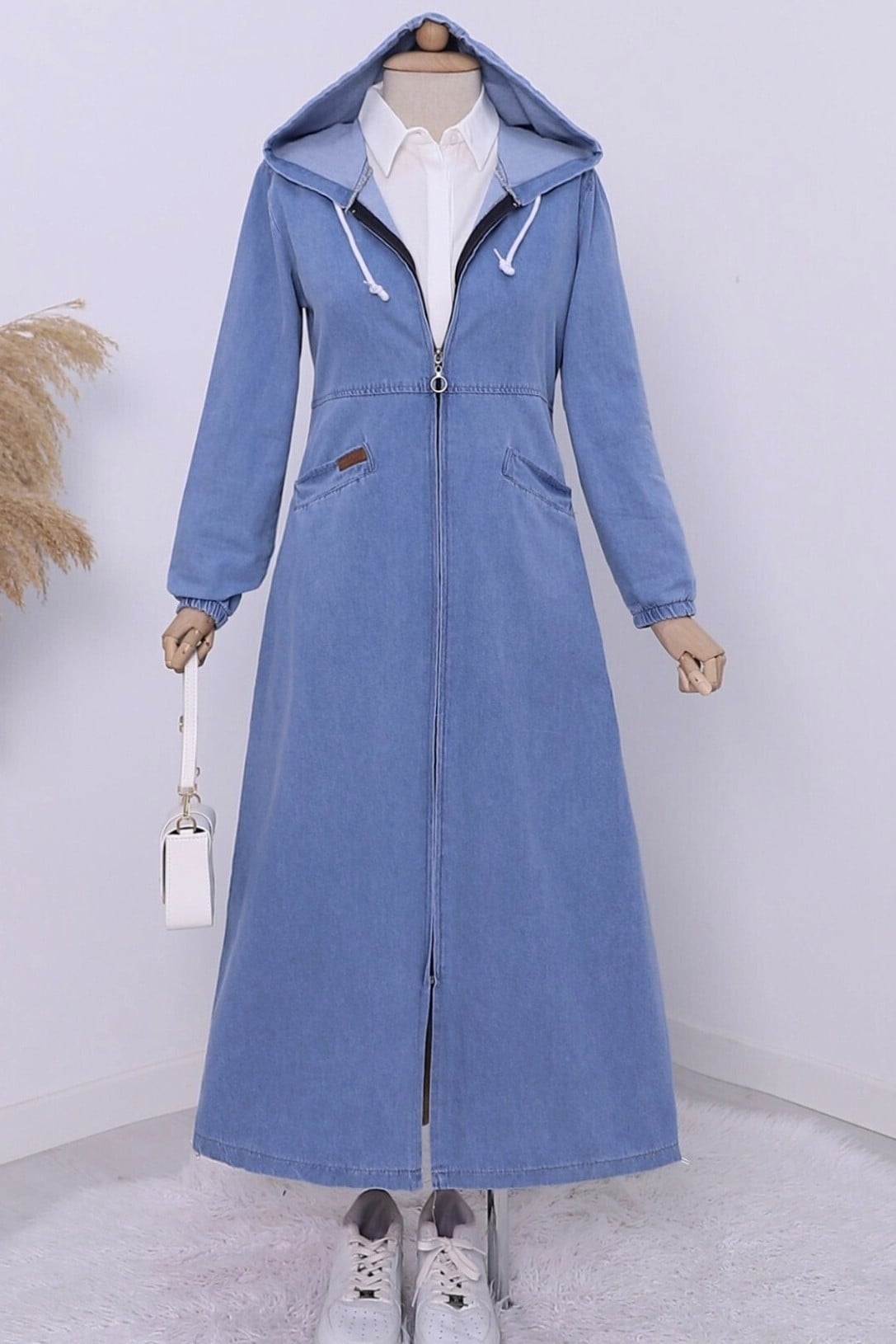 Hooded Denim Jacket with Side Pockets - Blue - Podyumplus - by Peralane - photo 5