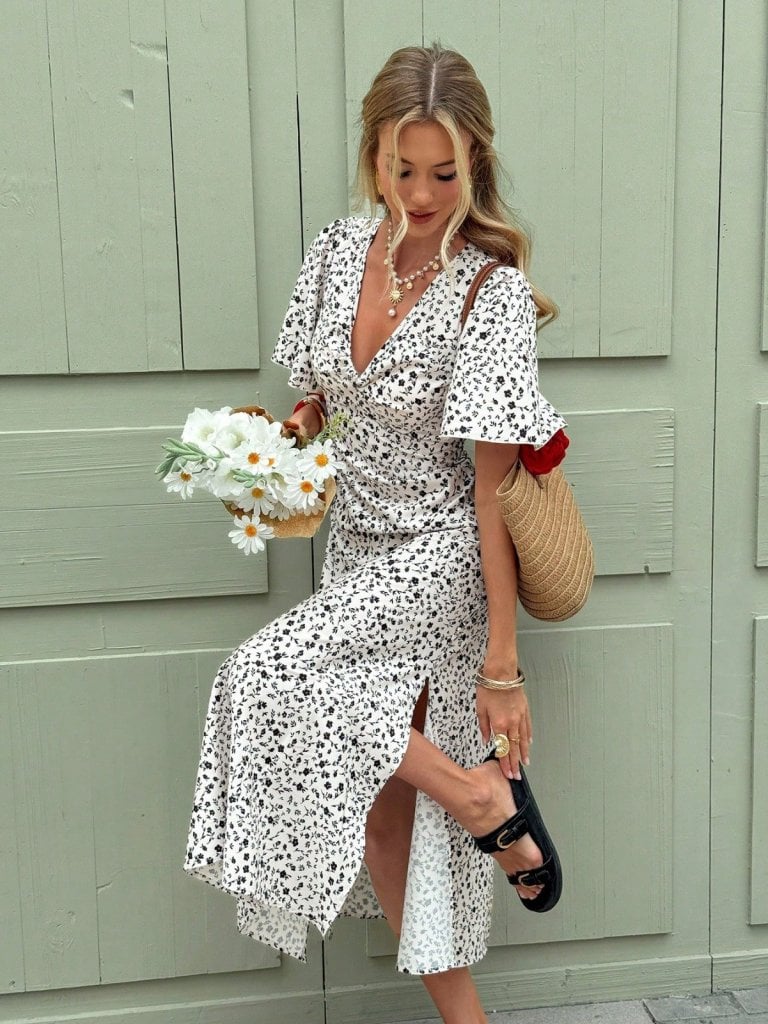 Women's White Floral Print Midi Dress with V-Neck and Side Slit - Janes - by Peralane