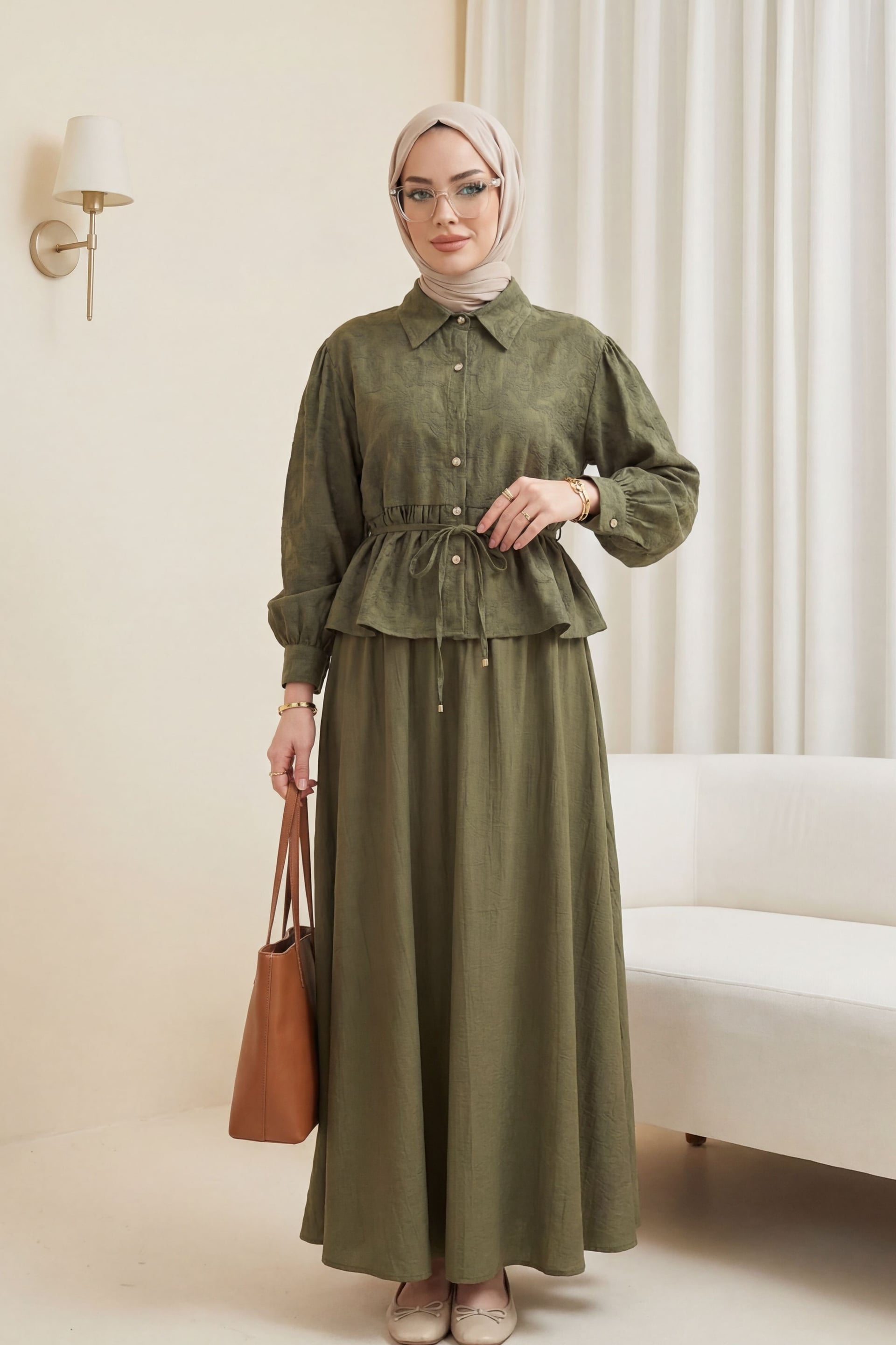Embellished Button Drawstring Waist Jacquard Skirt Set - Olive Green - Podyumplus - by Peralane