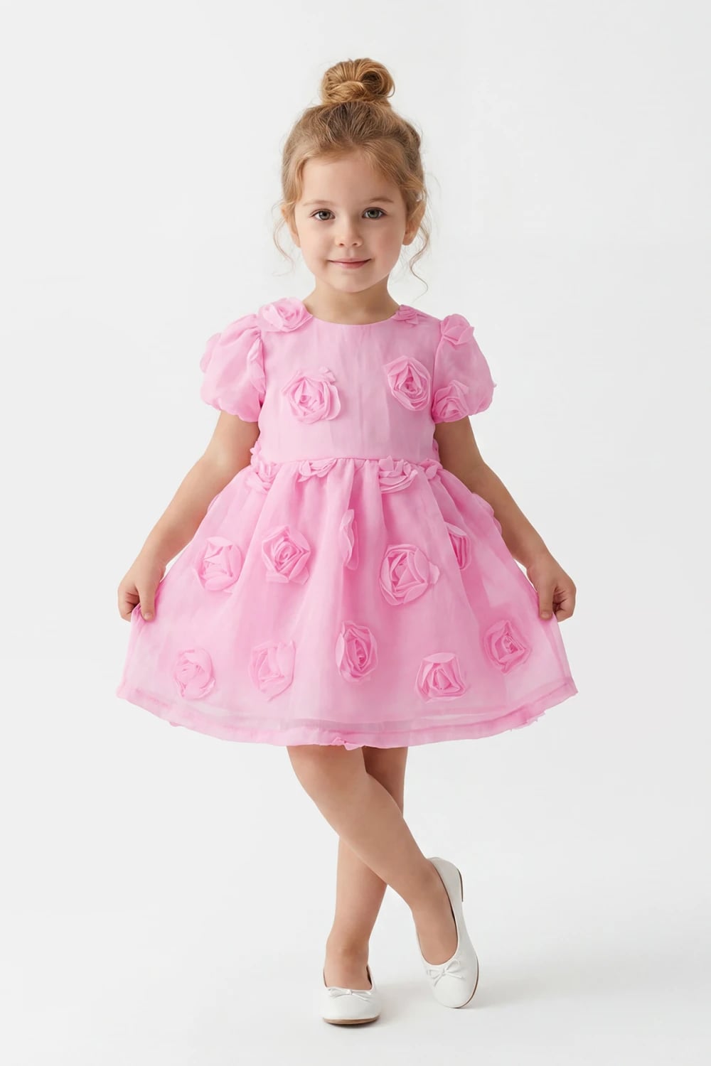 Girls' Rose Appliqué Party Dress - Pink - Serkon Baby - by Peralane