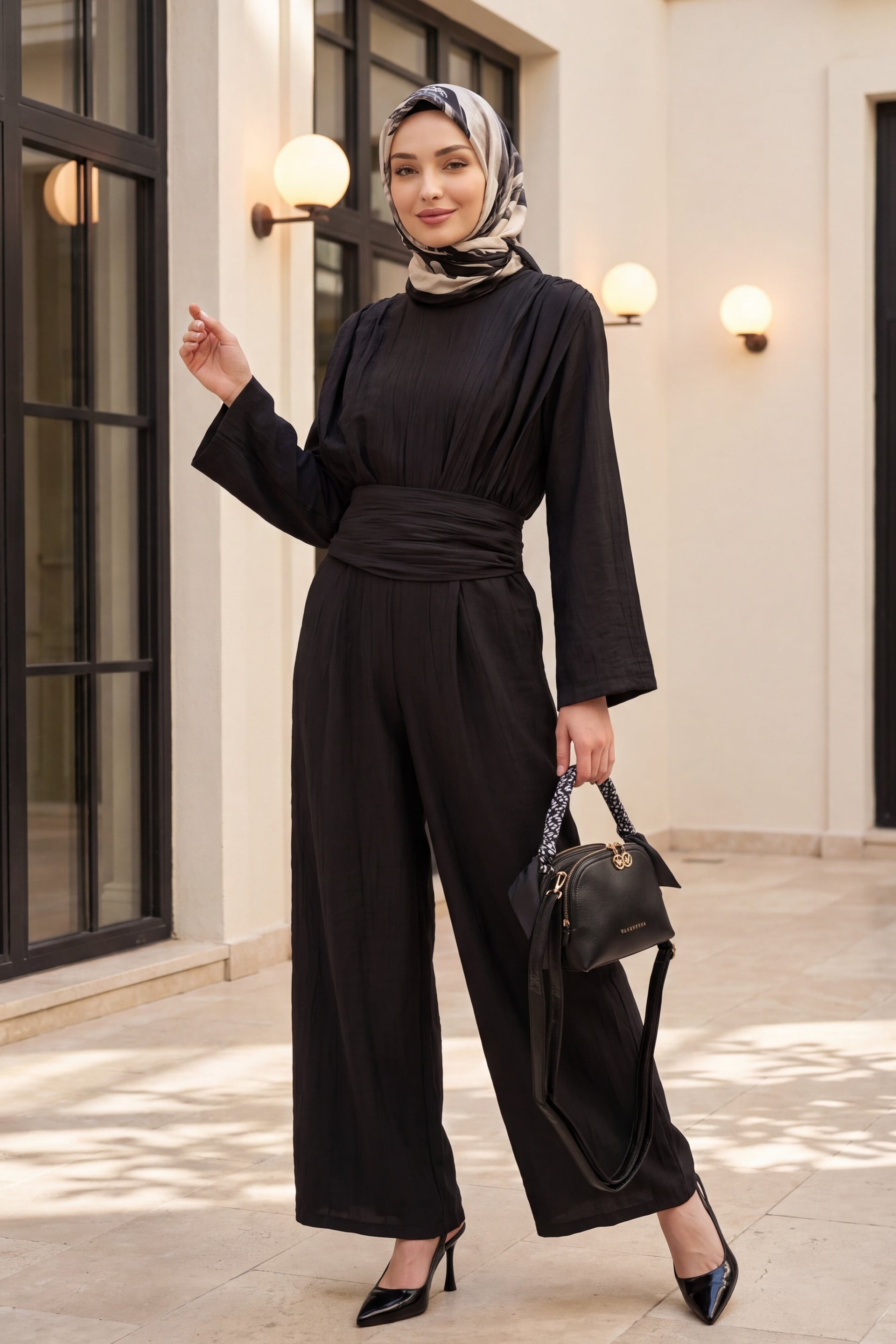 High Neck Pleated Detail Pocketed Belted Jumpsuit - Black - Podyumplus - by Peralane