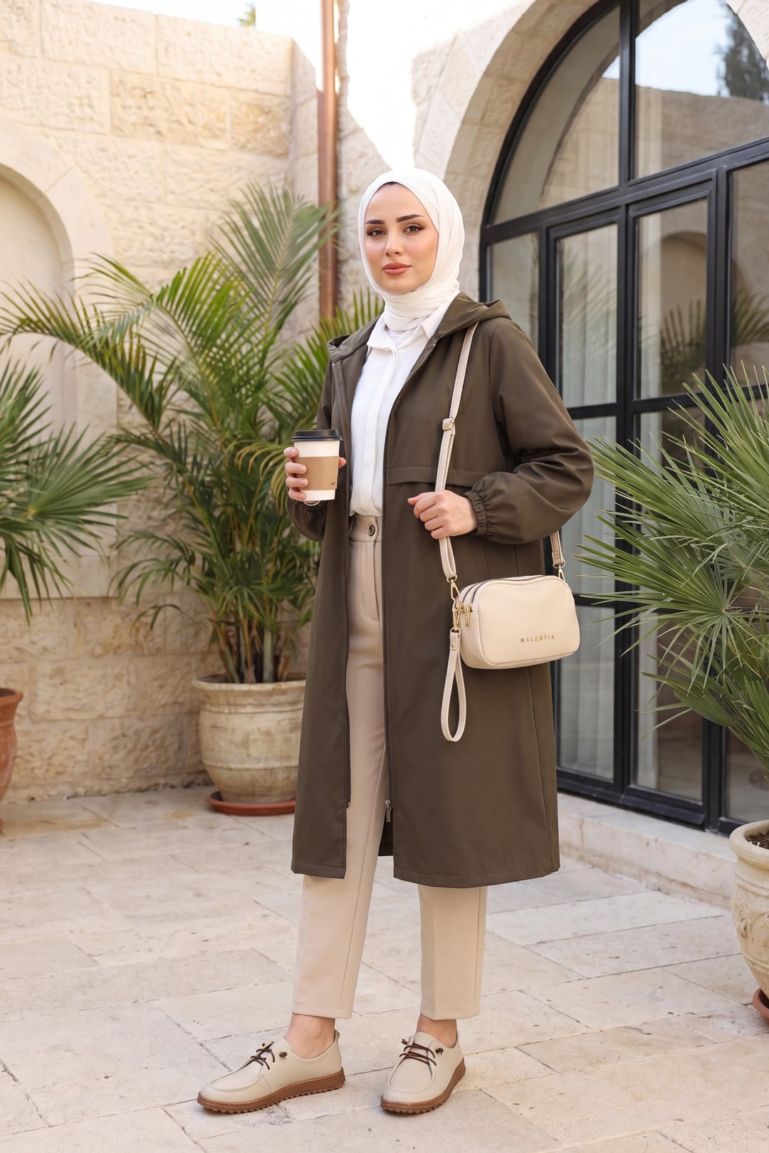 Women's Hooded Long Raincoat with Full Zip - Olive Green - Podyumplus - by Peralane - photo 2