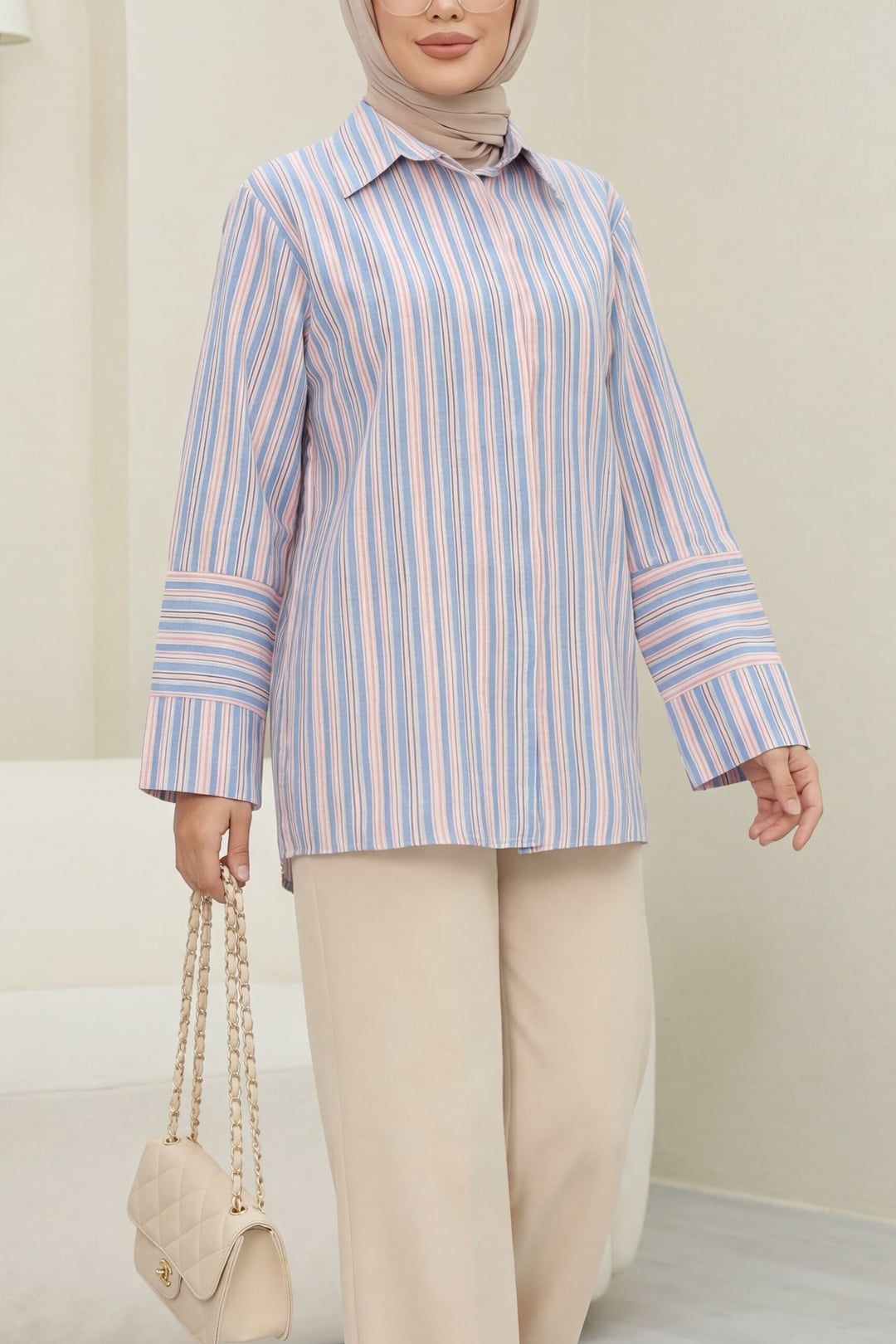 Long Back Oversize Striped Shirt - Blue - Podyumplus - by Peralane