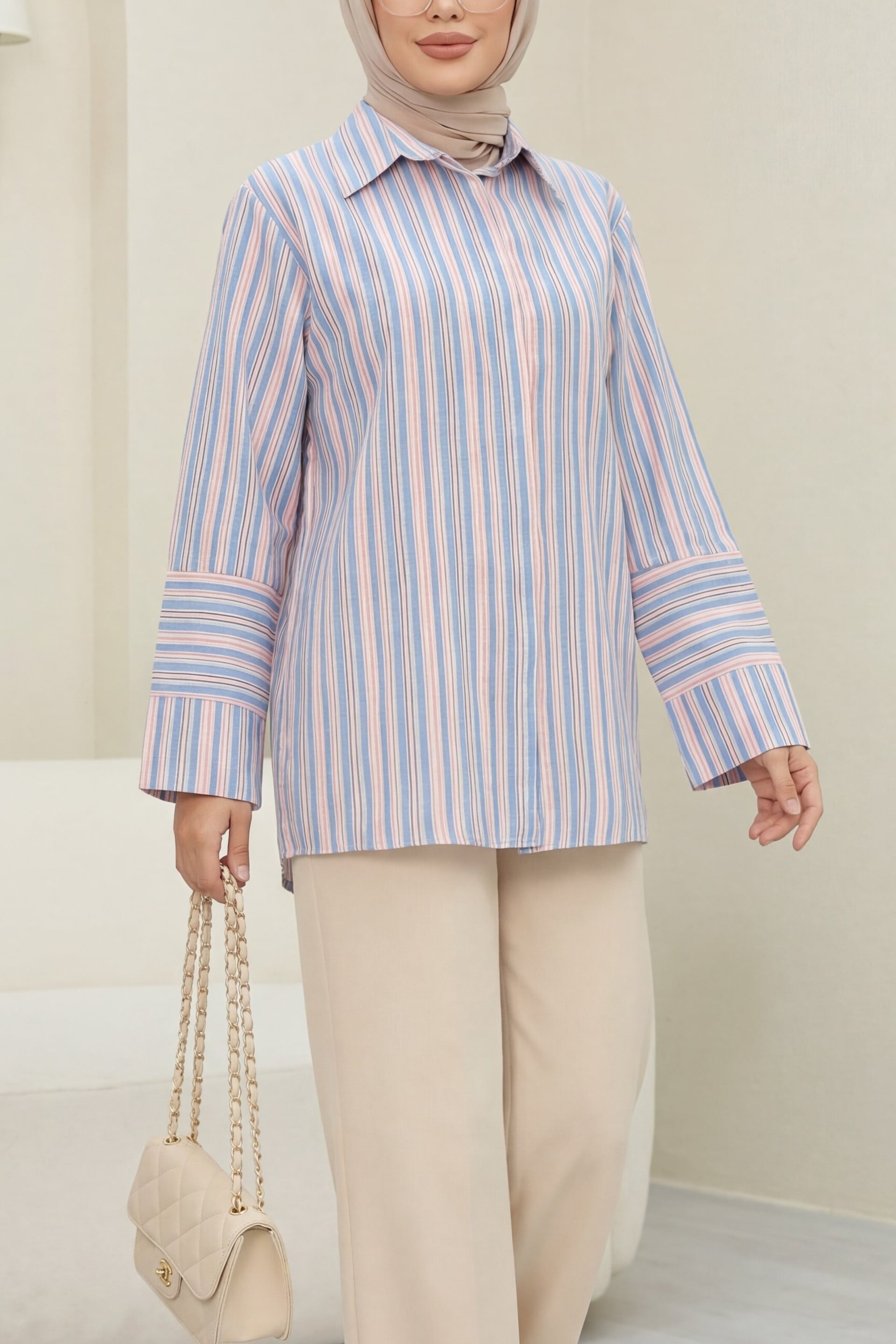 Long Back Oversize Striped Shirt - Blue - Podyumplus - by Peralane