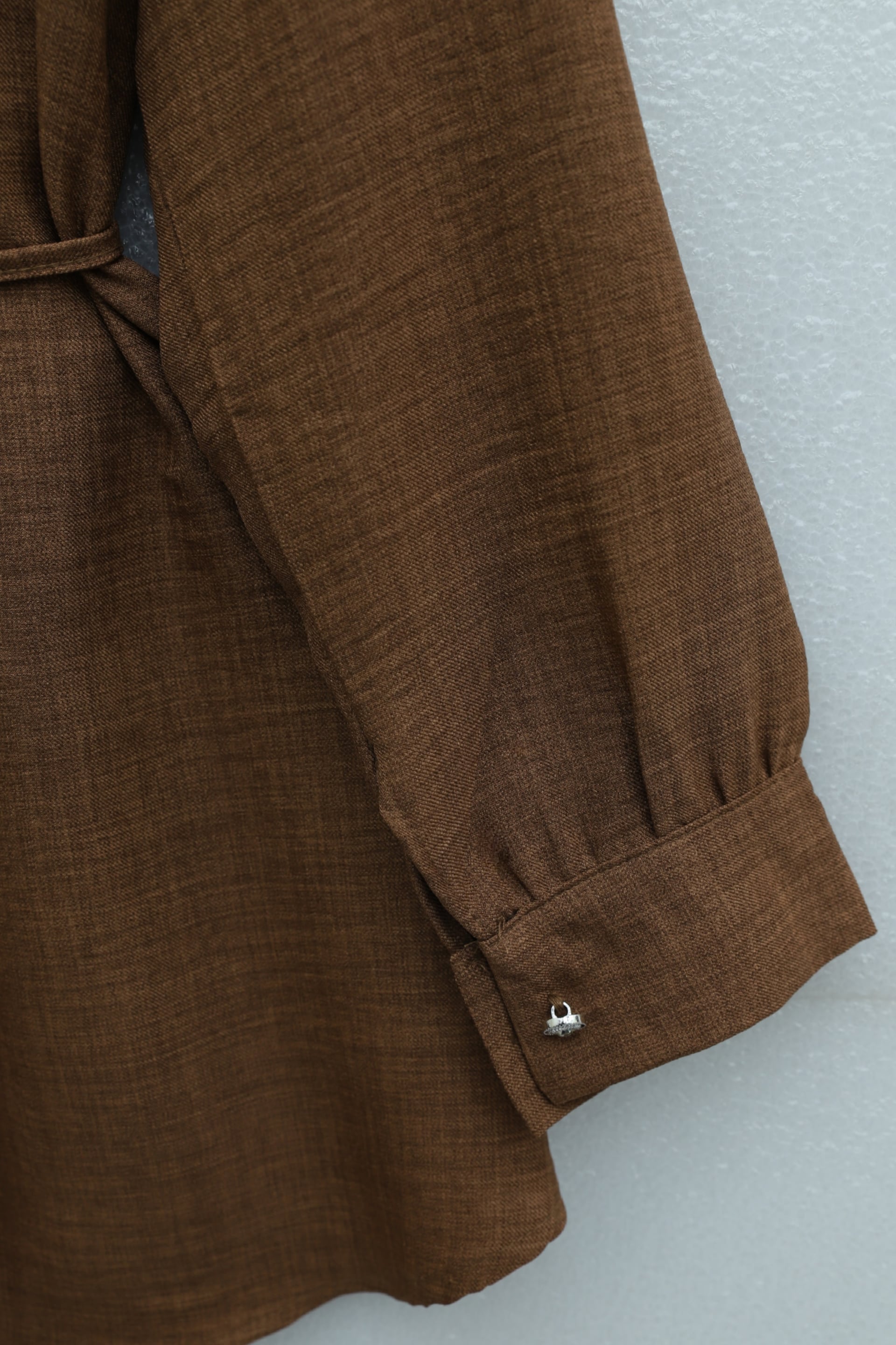 Brown Linen-Look Tunic with Double-Layer Ruffle Collar and Tie Waist - Podyumplus - by Peralane - photo 7