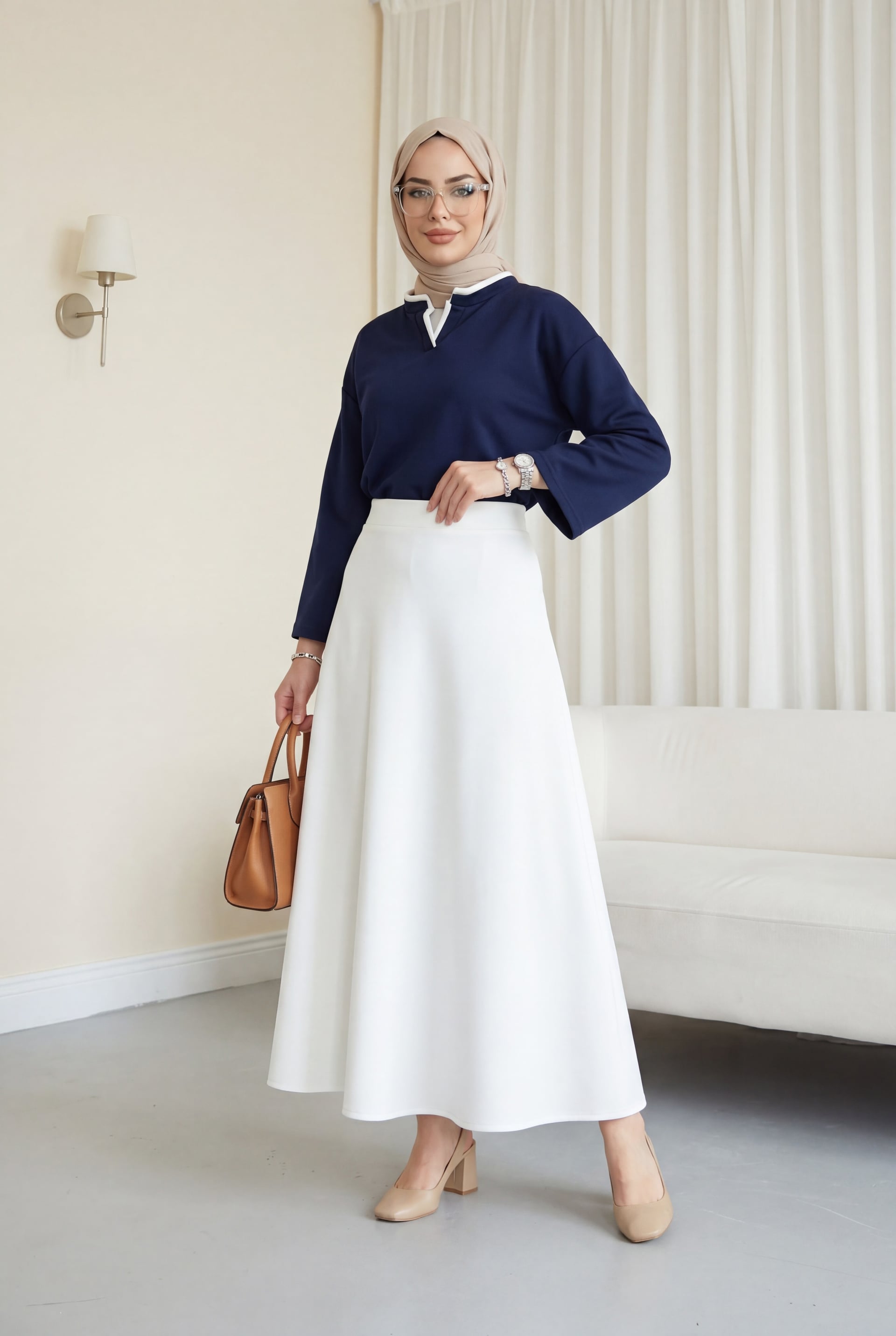 Navy V-Neck Double-Layer 2-Thread Jersey Blouse | Peralane - Podyumplus - by Peralane - photo 2