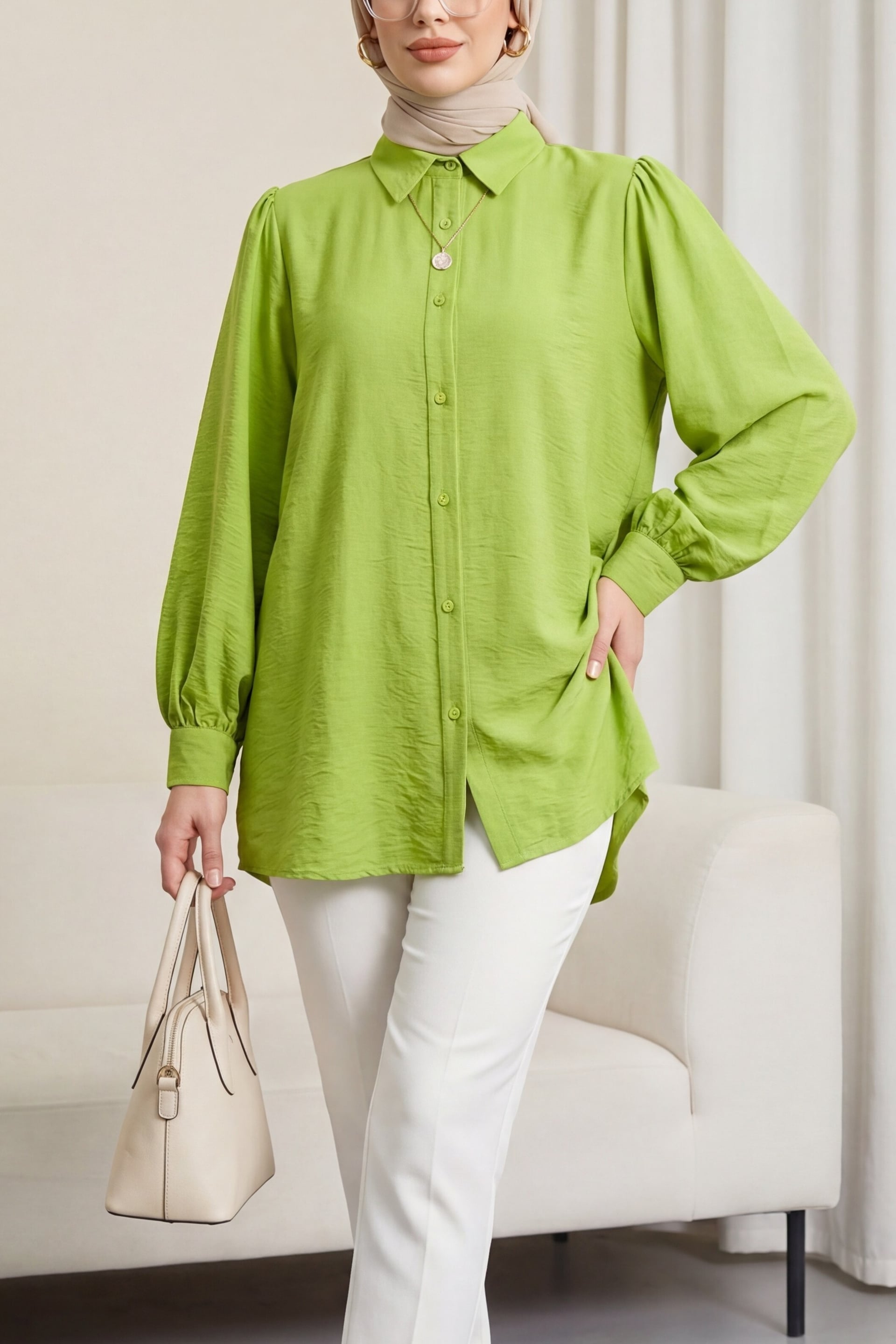 Balloon Sleeve Straight Tunic - Pistachio Green - Podyumplus - by Peralane - photo 6