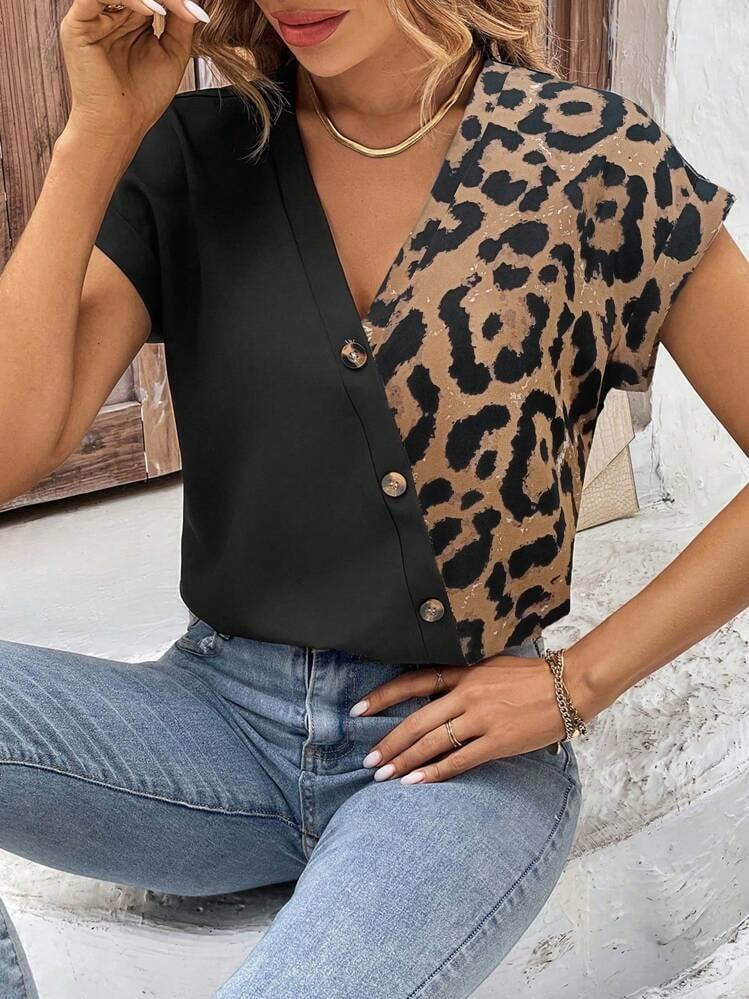 Women's Short-Sleeve V-Neck Button-Front Leopard Print Viscose Blouse - Janes - by Peralane - photo 4