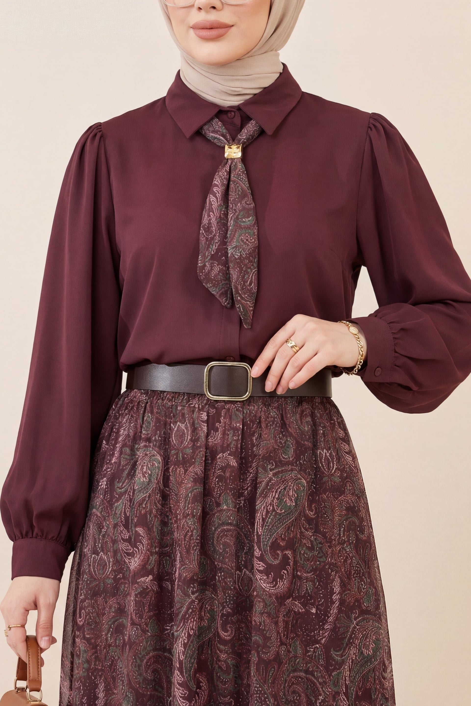 Women's Full-Length Button Puff-Sleeve Blouse and Ethnic Print Skirt Set - Burgundy - Podyumplus - by Peralane - photo 2