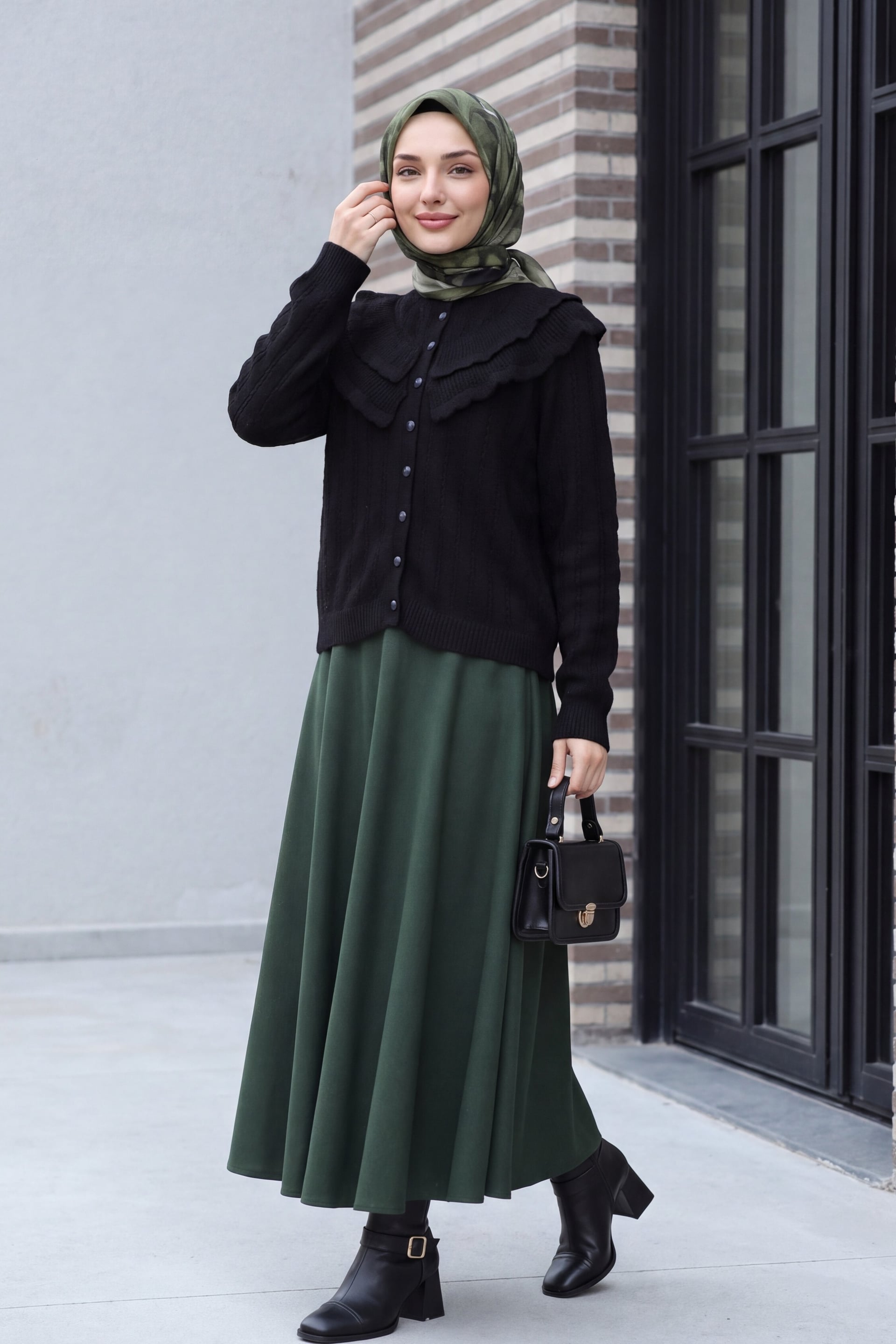 Black Knit Cardigan with Ruffled Collar and Button Front - Podyumplus - by Peralane - photo 5