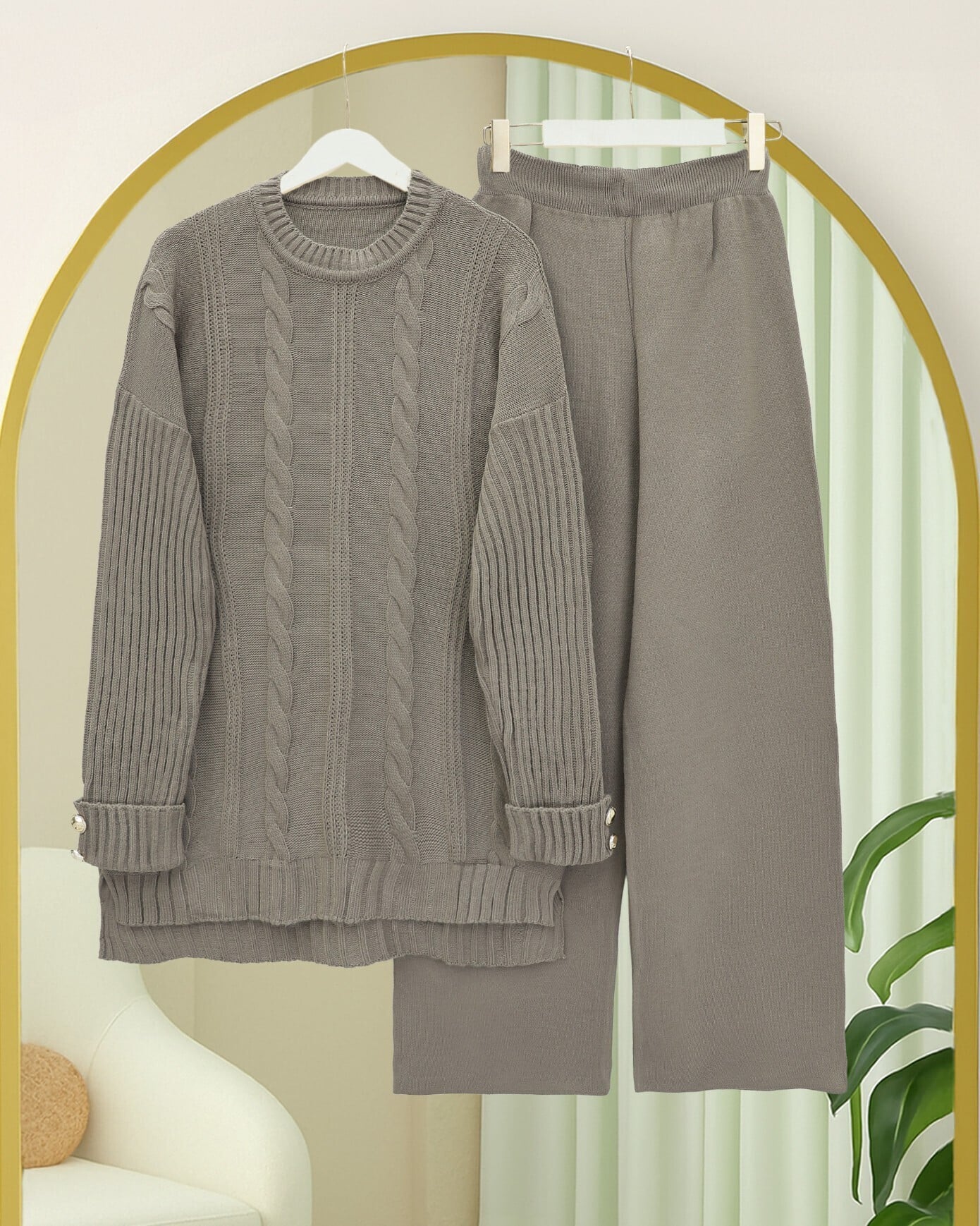 Grey Cable Knit Sweater and Wide-Leg Trousers Set for Women - Podyumplus - by Peralane - photo 3