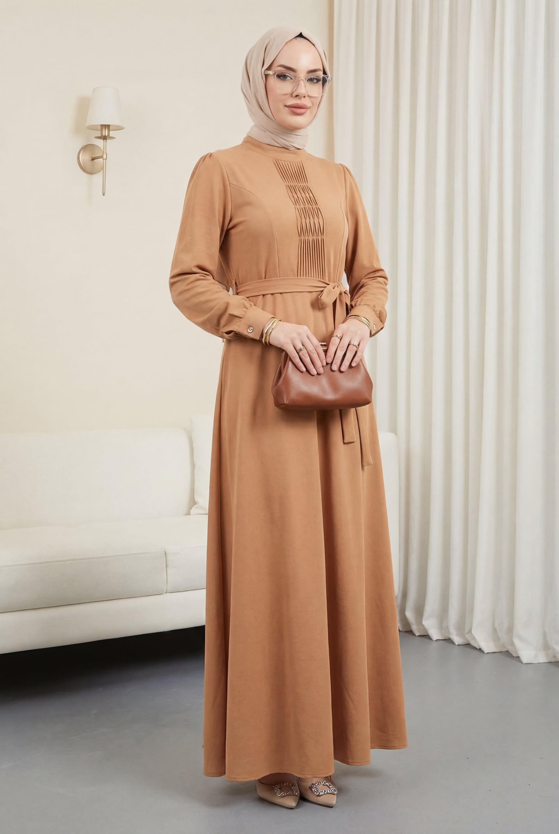 Ayrobin Dress with Chima Detail and Belt - Cinnamon - Podyumplus - by Peralane