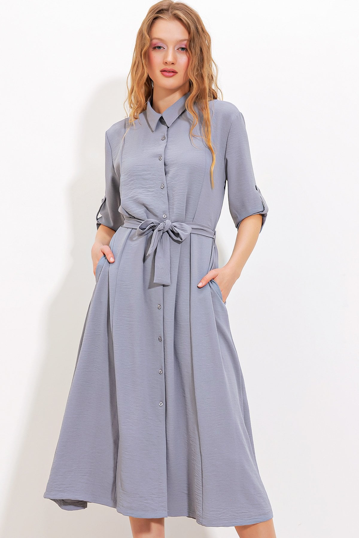Women's Grey Belted Shirt Dress - Bigdart - by Peralane
