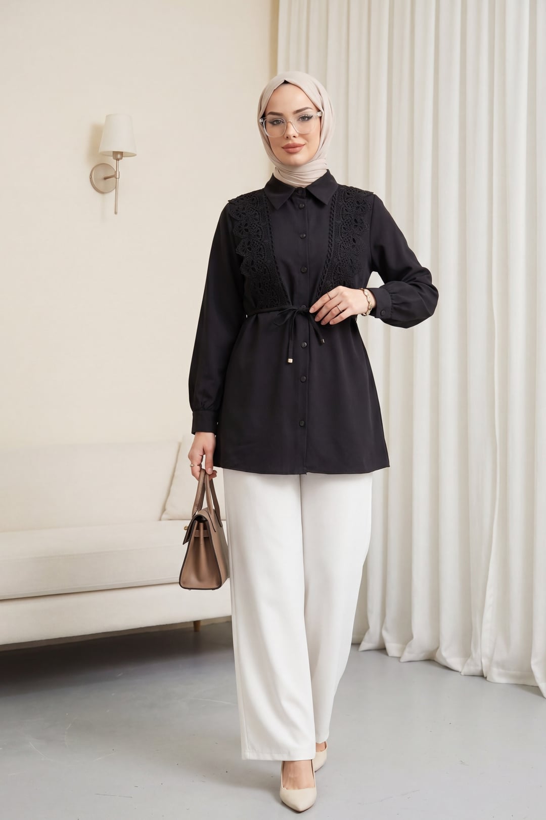 Black Poplin Tunic with Lace Trim and Self-Tie Belt - Podyumplus - by Peralane - photo 2