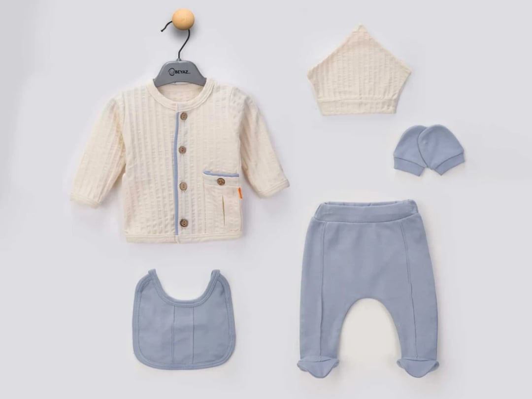Baby Boy Hospital Exit 5-Piece Set with Cardigan, Trousers, Bib, Hat, and Mittens - Beyaz Bebek - by Peralane