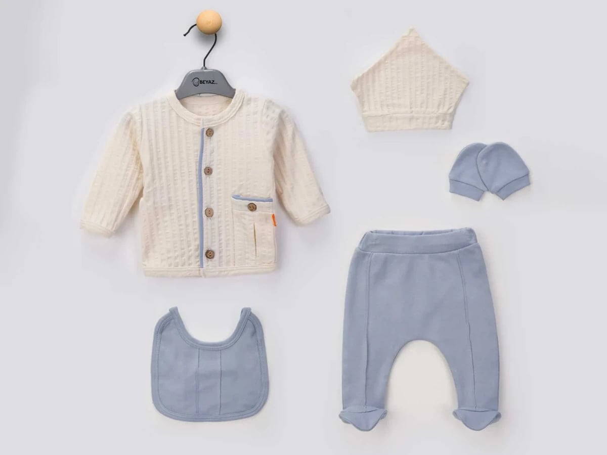 Baby Boy Hospital Exit 5-Piece Set with Cardigan, Trousers, Bib, Hat, and Mittens - Beyaz Bebek - by Peralane