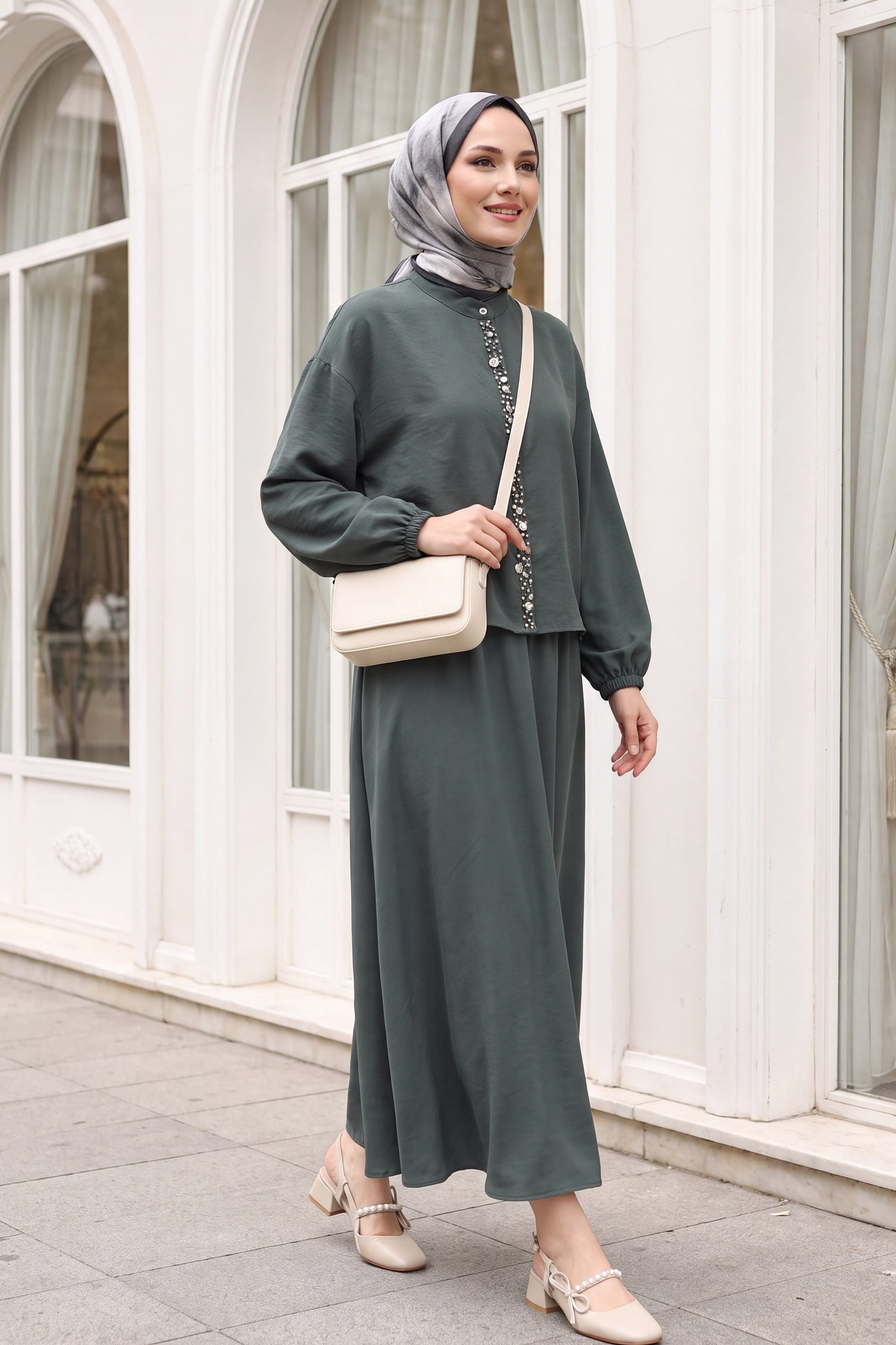 Women's Two-Piece Long-Sleeve Top and Maxi Skirt Set with Pearl Buttons - Dark Green - Podyumplus - by Peralane