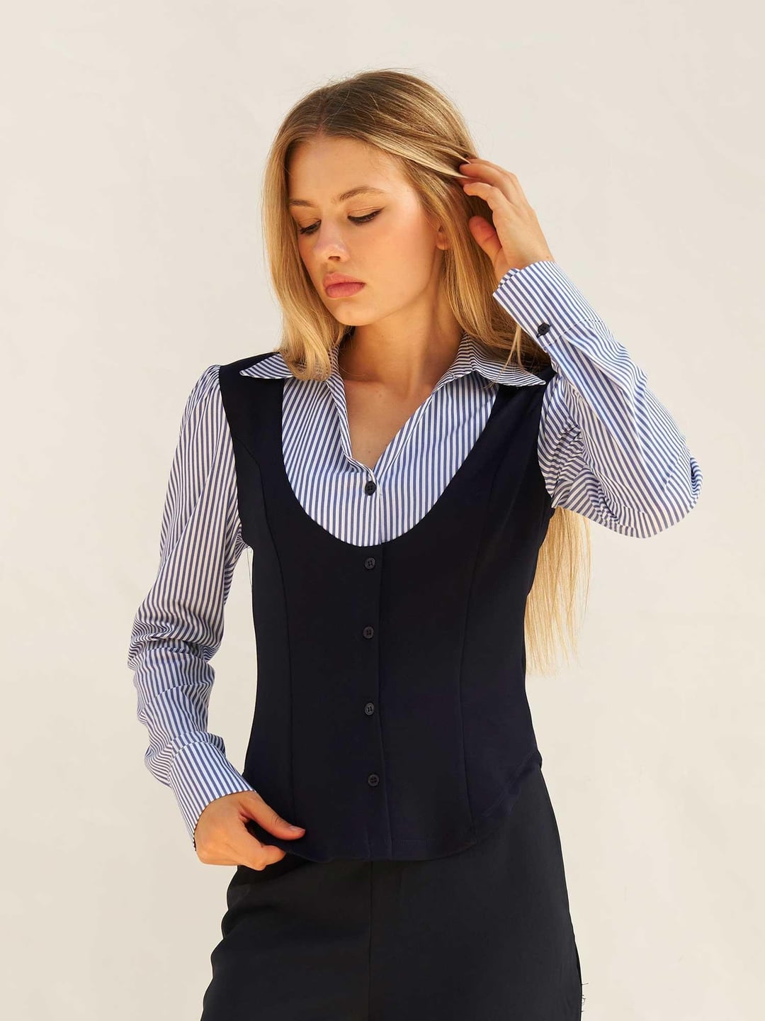 Navy Vest-Look Striped Shirt Blouse for Women - Lefon - by Peralane - photo 4