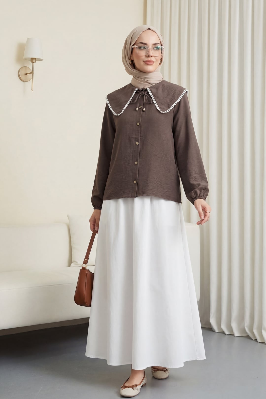 Brown Lace-Trimmed Blouse and Pleated Skirt Set - Podyumplus - by Peralane - photo 5