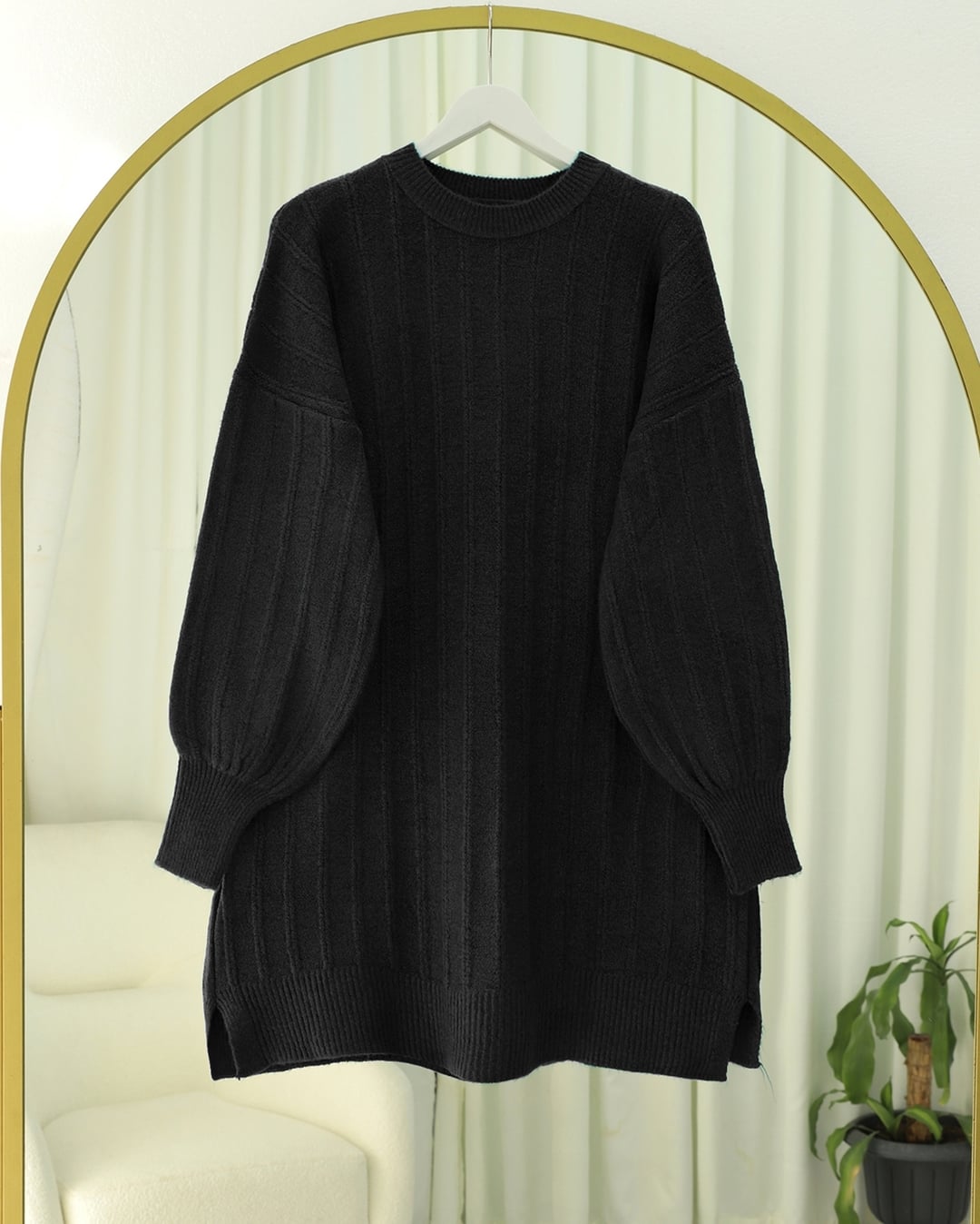 Black Ribbed Knit Tunic with Side Slits - Podyumplus - by Peralane - photo 3