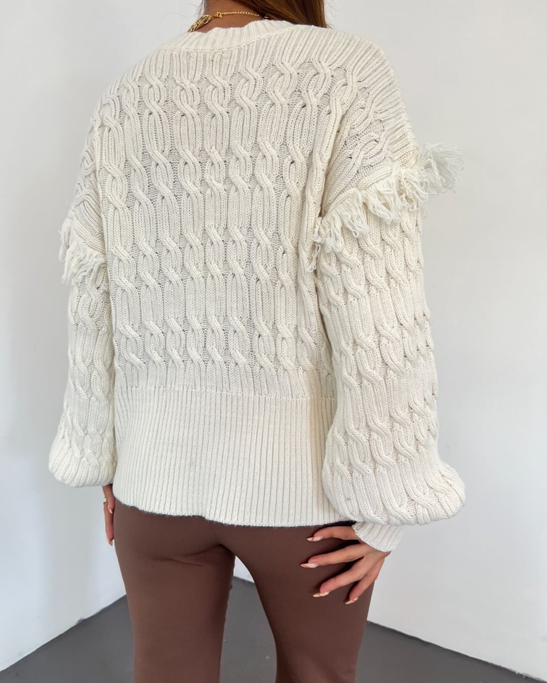 Cream Fringe Detail Balloon Sleeve Cable Knit Sweater - Podyumplus - by Peralane - photo 8