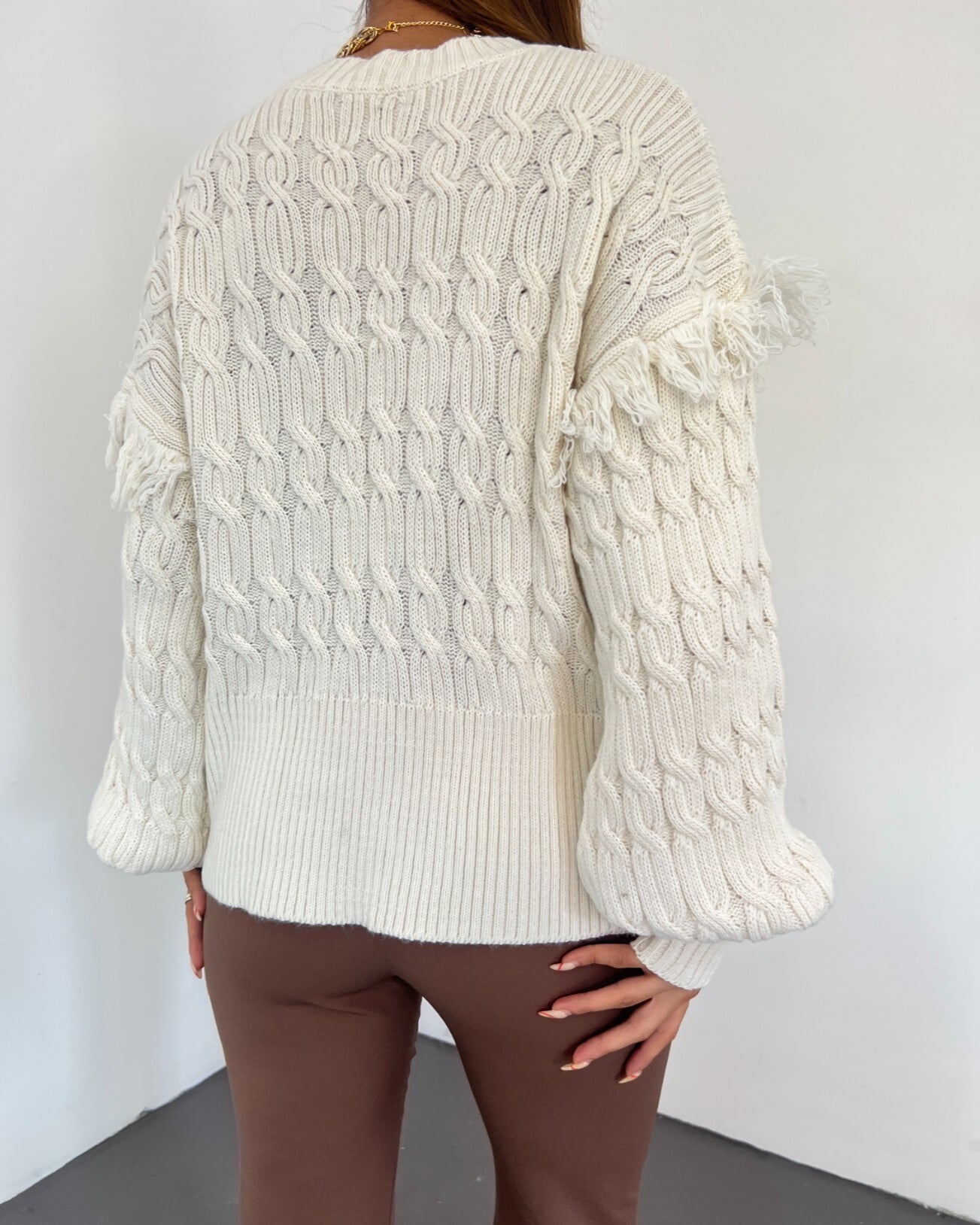 Cream Fringe Detail Balloon Sleeve Cable Knit Sweater - Podyumplus - by Peralane - photo 8