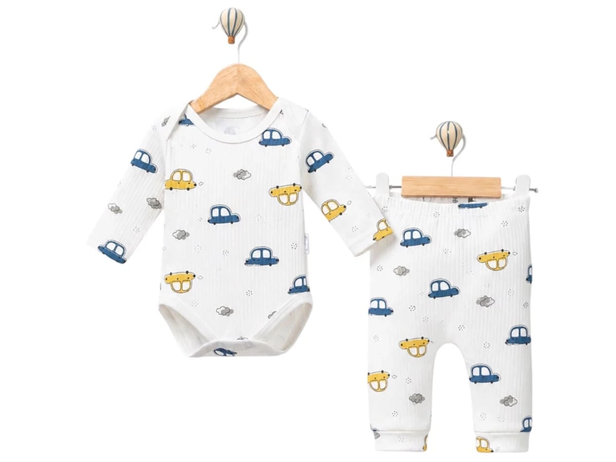 Car Print Baby Boy Bodysuit and Pants Set - Blue (Pack of 3) - Supermini - by Peralane