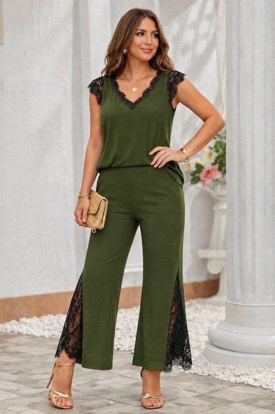 Women's Sandy Short Sleeve V-Neck Lace Trim Blouse and Trousers Two-Piece Set, Olive Green, Size 35201 - Janes - by Peralane
